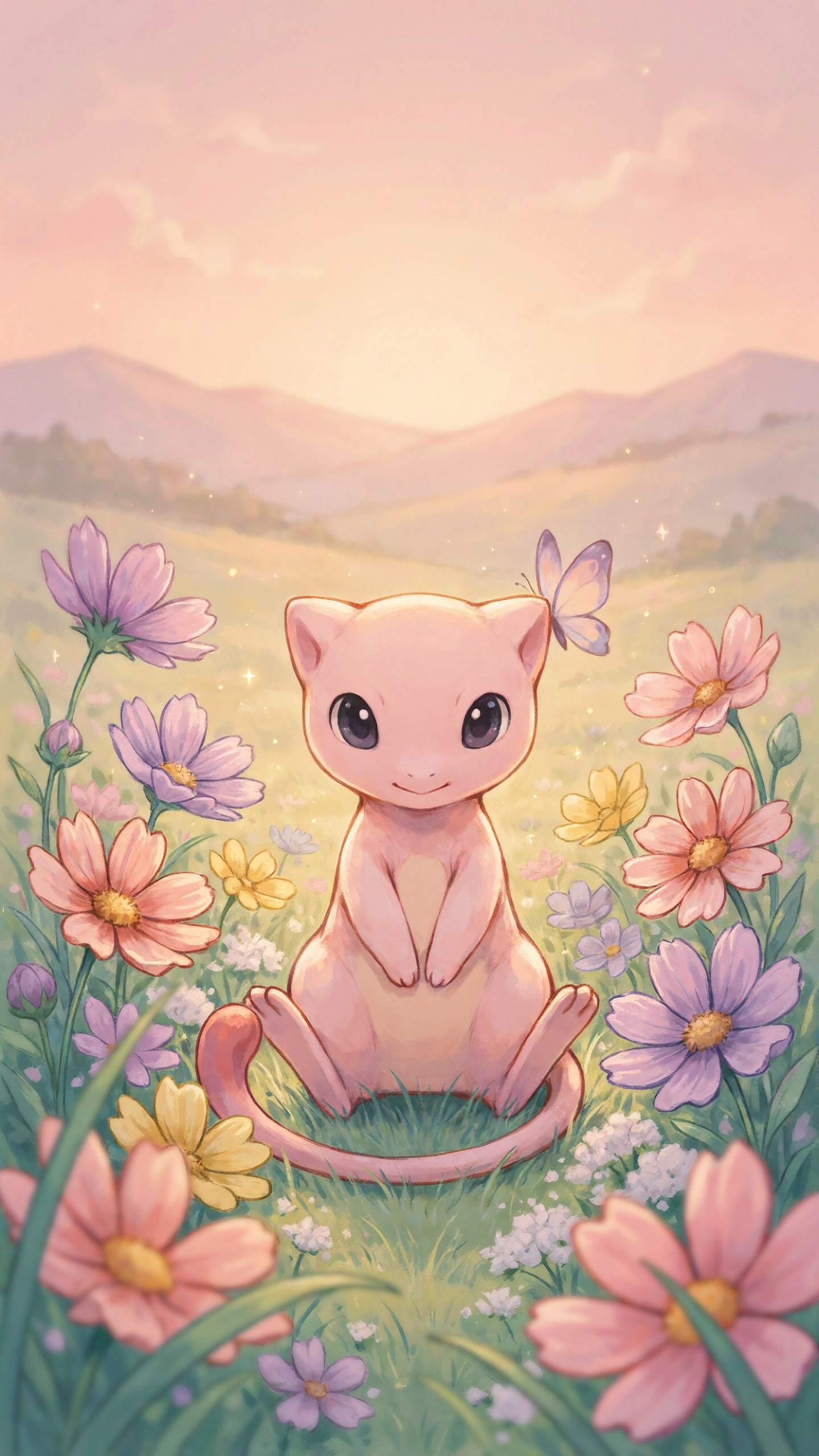 Cute Mew (Pokémon) cat-like creature sits among pastel wildflowers at sunset, soft-toned iPhone wallpaper.