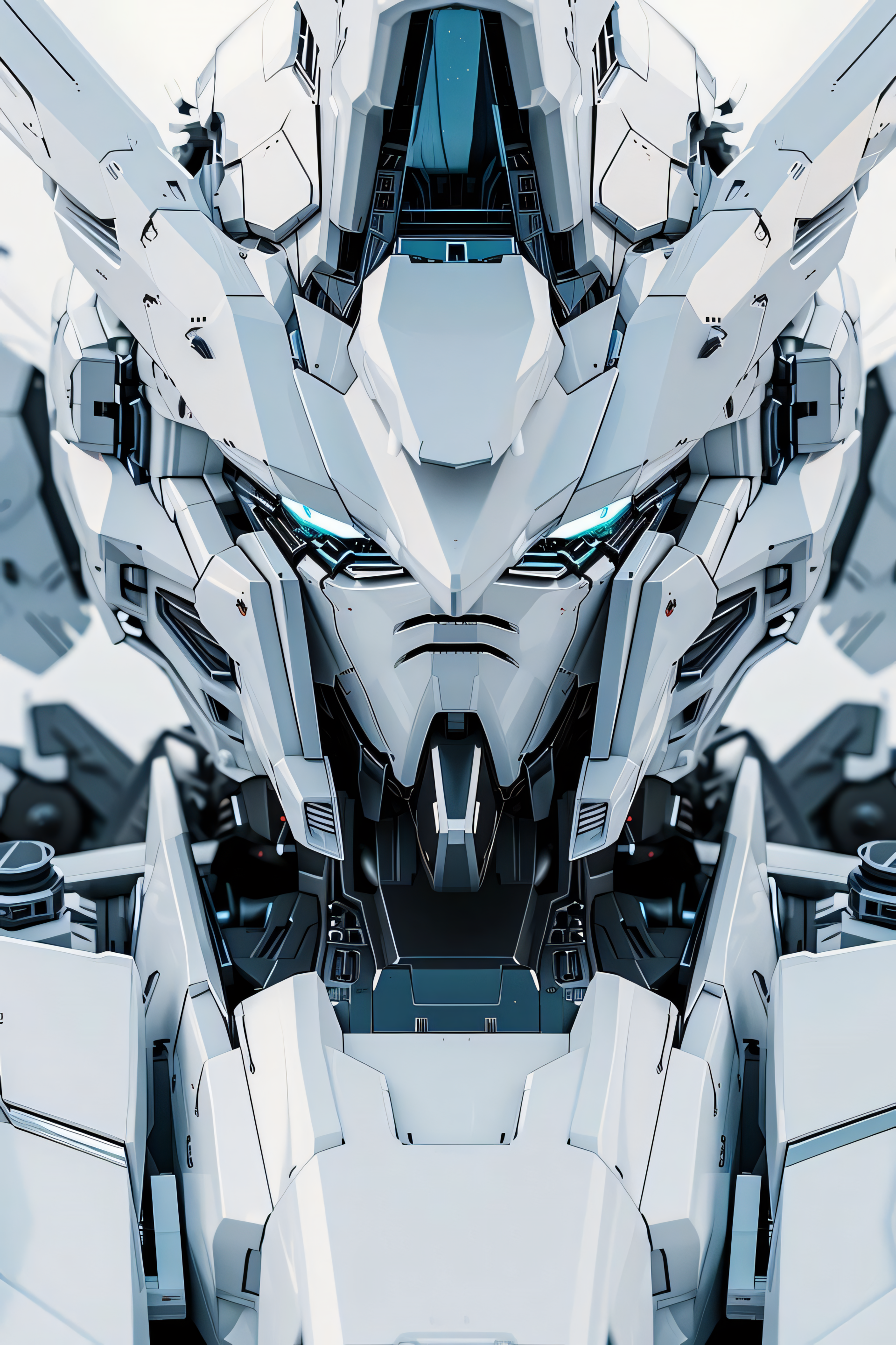 Close-up of a white Gundam mech face with glowing teal eyes, highly detailed futuristic armor in vertical layout for phone/iPhone wallpaper.