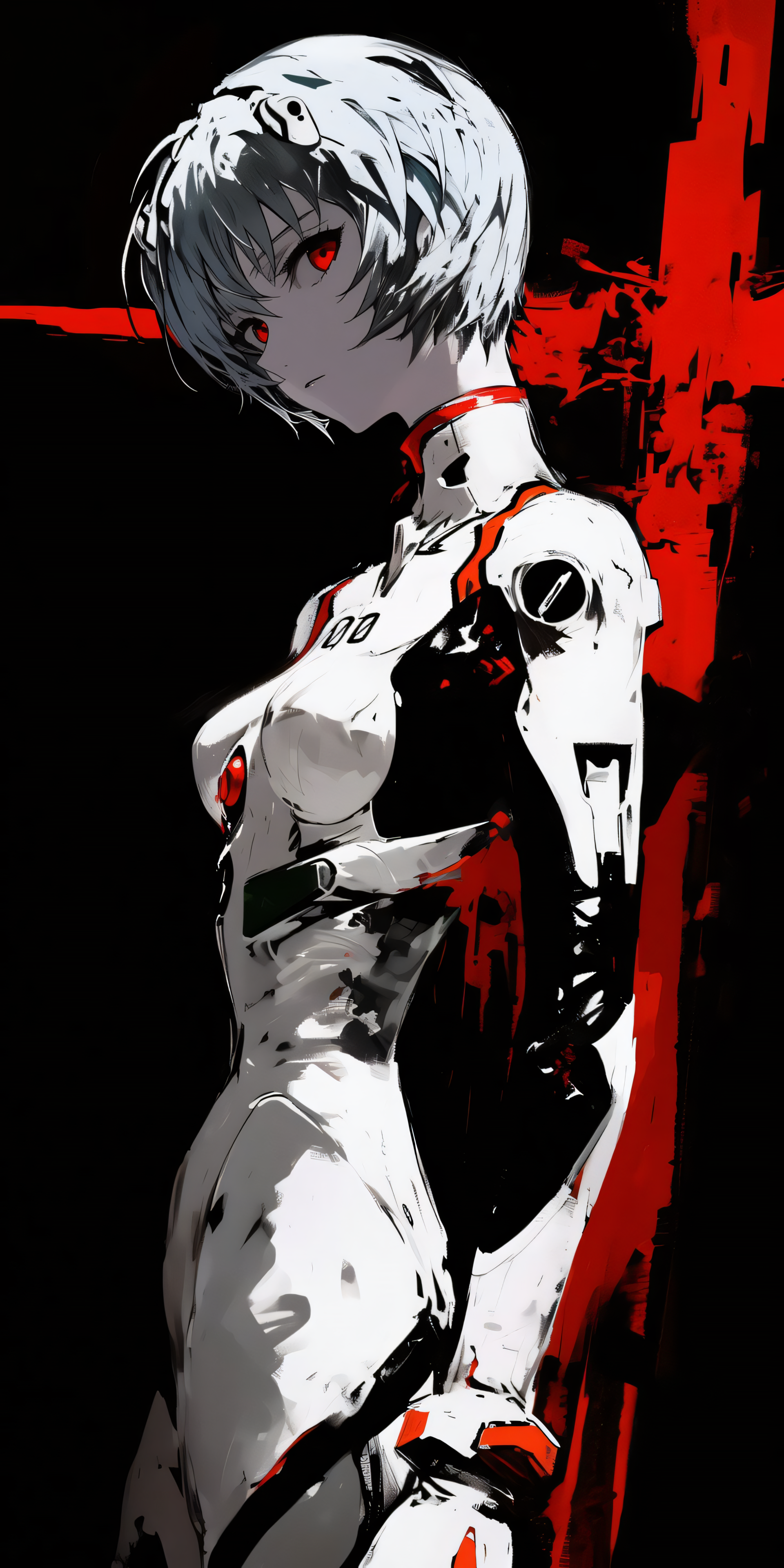 Phone wallpaper showing Rei Ayanami in a white plugsuit, red eyes glowing, posed against a stark black background with a bold, painterly red cross.