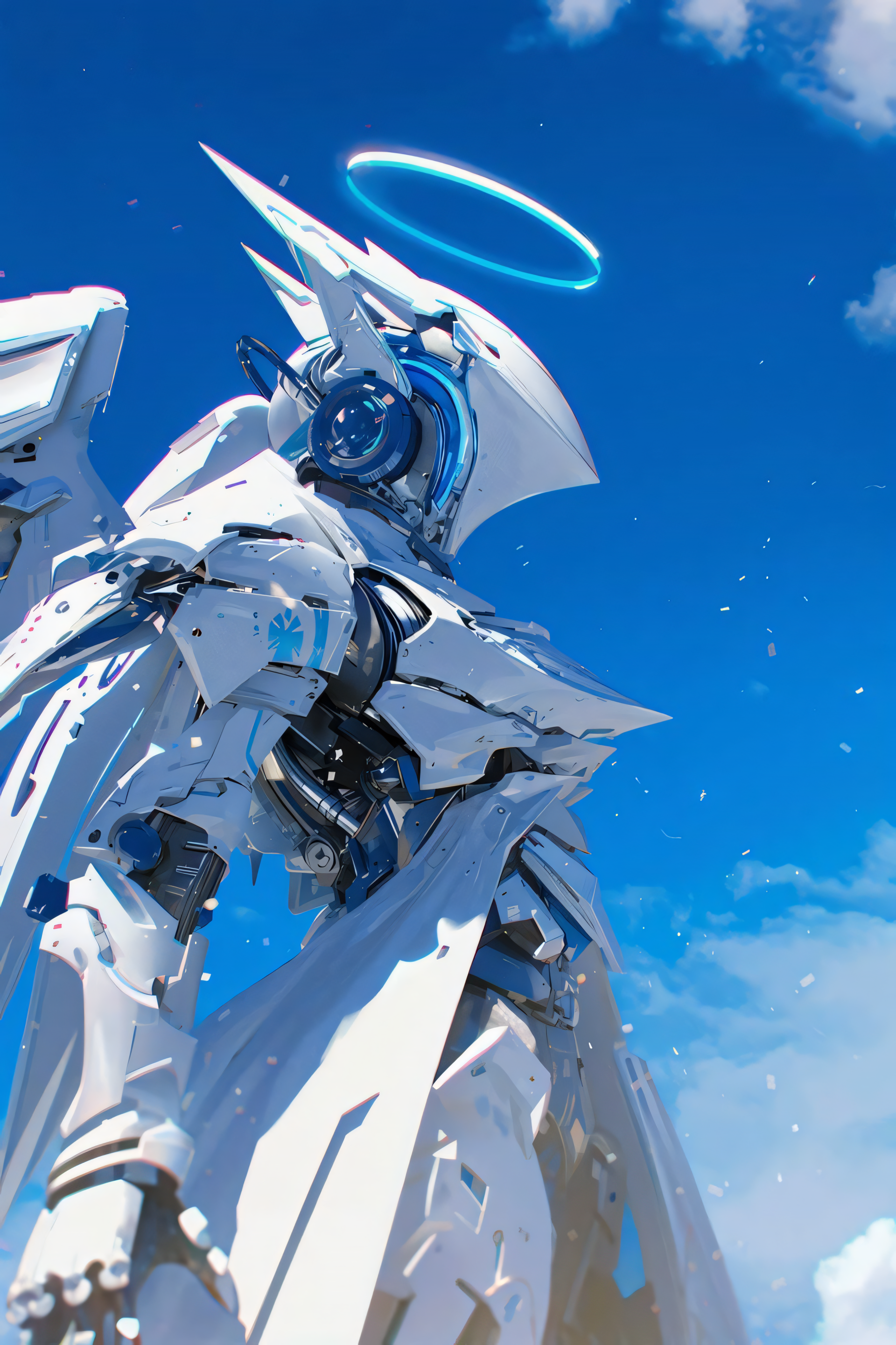 iPhone wallpaper of a white cyberpunk mecha angel: sleek robotic wings and a glowing halo set against a vivid blue sky