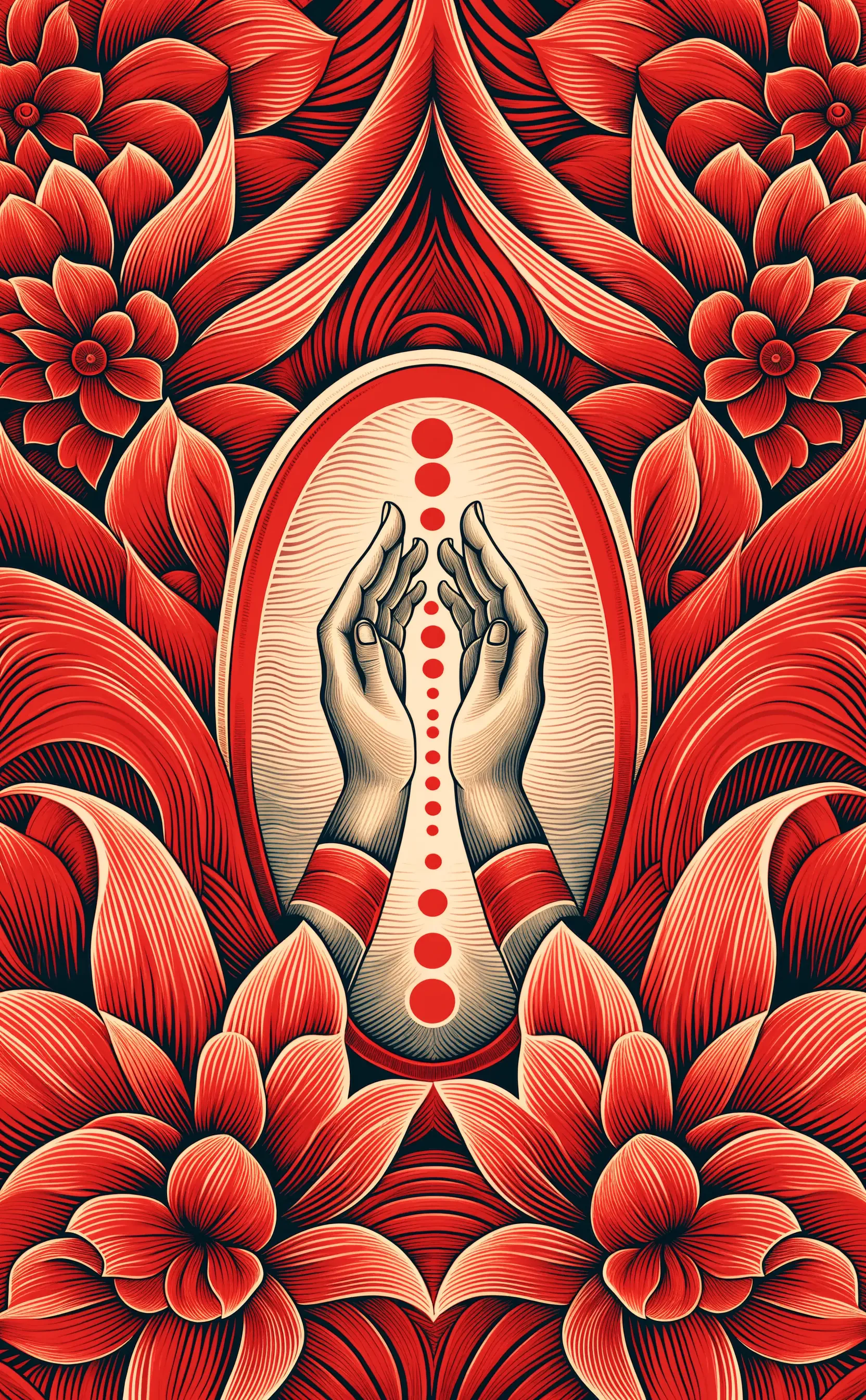 Symmetrical iPhone wallpaper showing stylized praying hands centered within mirrored red flowers, framed by petals and a vertical line of red dots in an ornate botanical design.