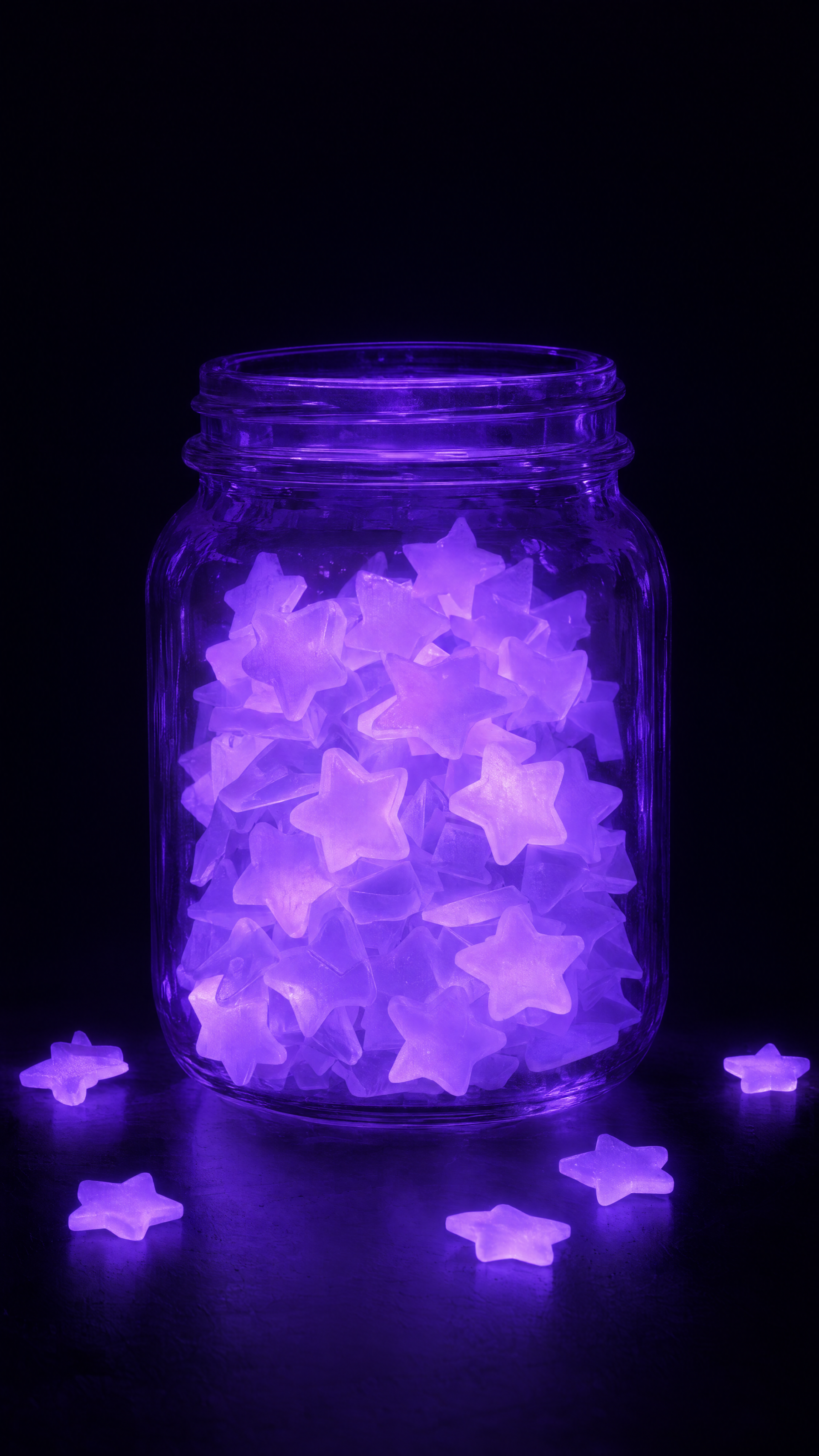 iPhone wallpaper showing a glass jar filled with glowing purple star-shaped lights against a black background.