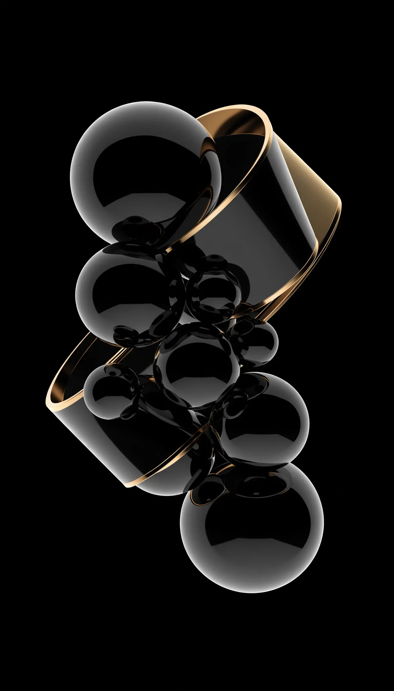 Clean abstract iPhone wallpaper showing glossy black orbs clustered around a tilted gold-rimmed cylinder on a black background.