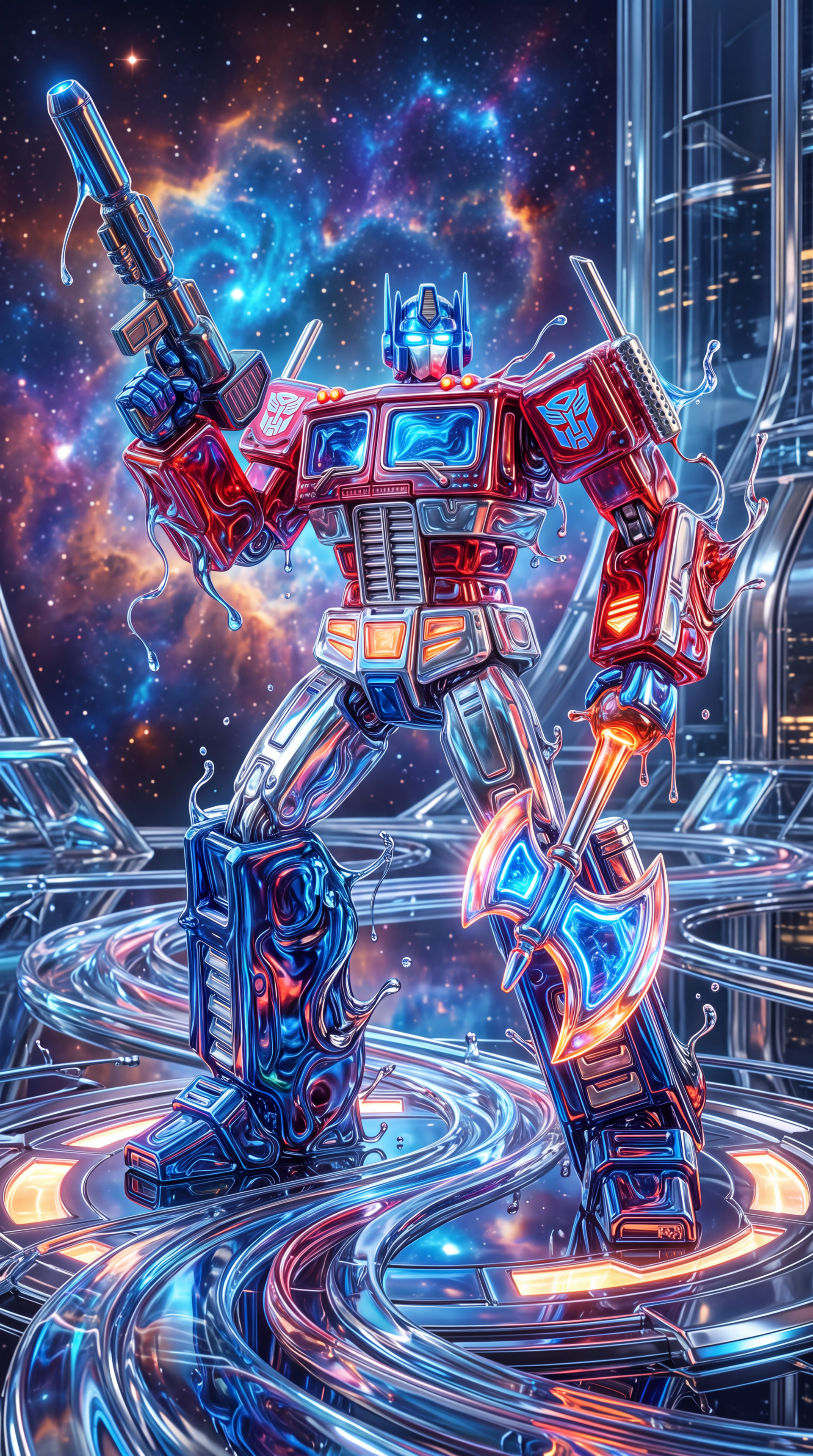 iPhone wallpaper of Optimus Prime mecha standing on glowing metallic rings, wielding an energy axe and blaster against a vibrant science-fiction nebula and futuristic city backdrop.