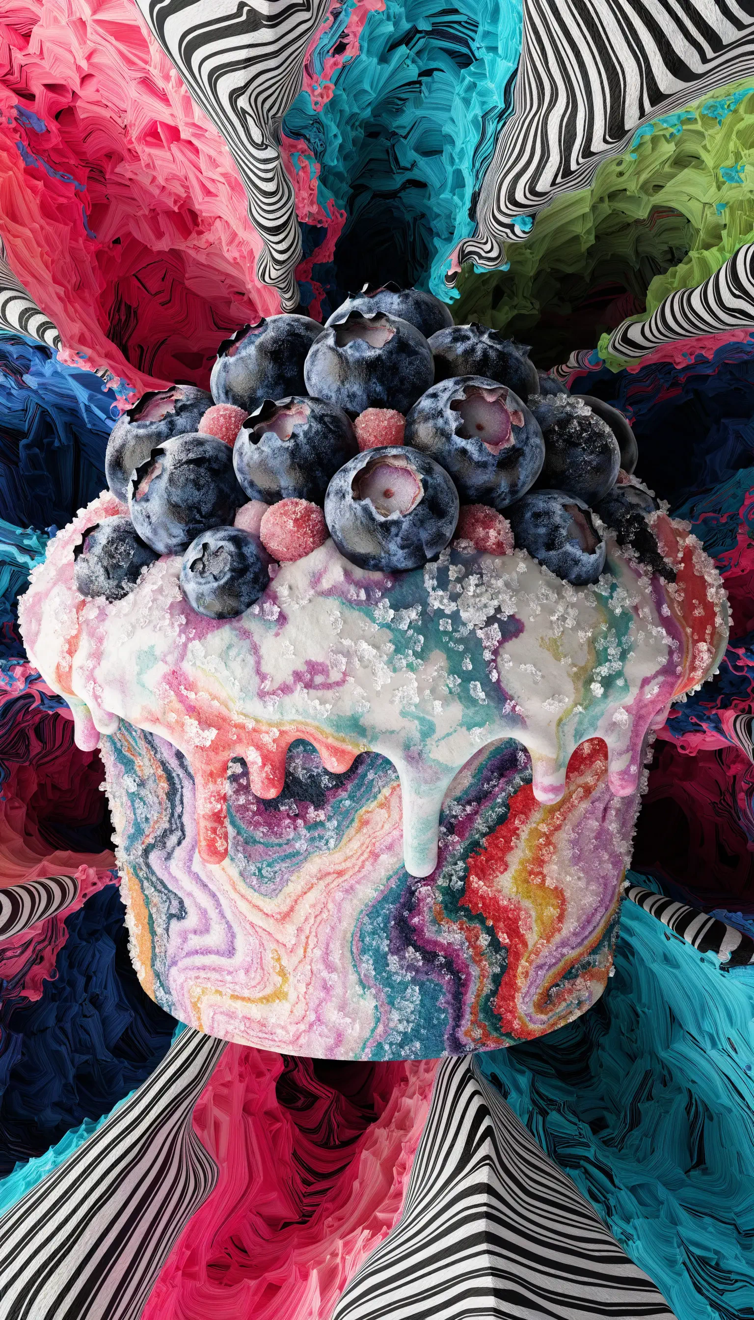 iPhone wallpaper of a swirled rainbow blueberry muffin cake topped with fresh blueberries and sparkling sugar crystals against a psychedelic marbled background.