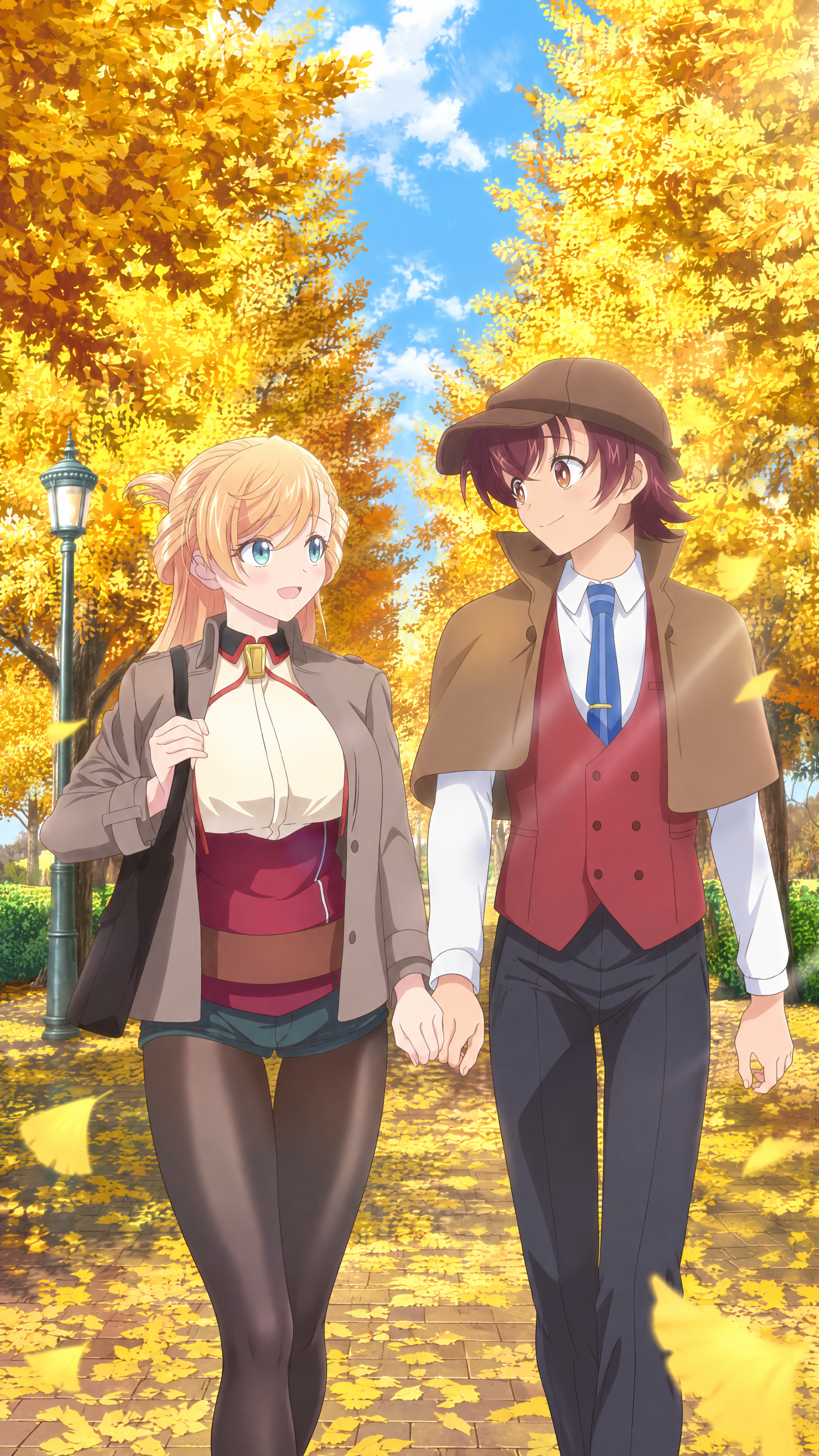 iPhone wallpaper from Isshiki-san Wants to Know About Love: anime couple holding hands, strolling beneath golden autumn ginkgo trees under a clear blue sky
