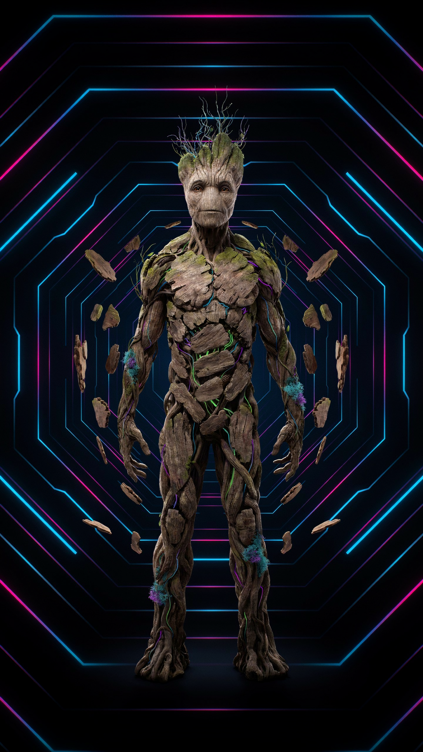 Groot as a living tree figure centered in a neon hexagonal tunnel, fragments of bark floating around — vertical iPhone wallpaper.