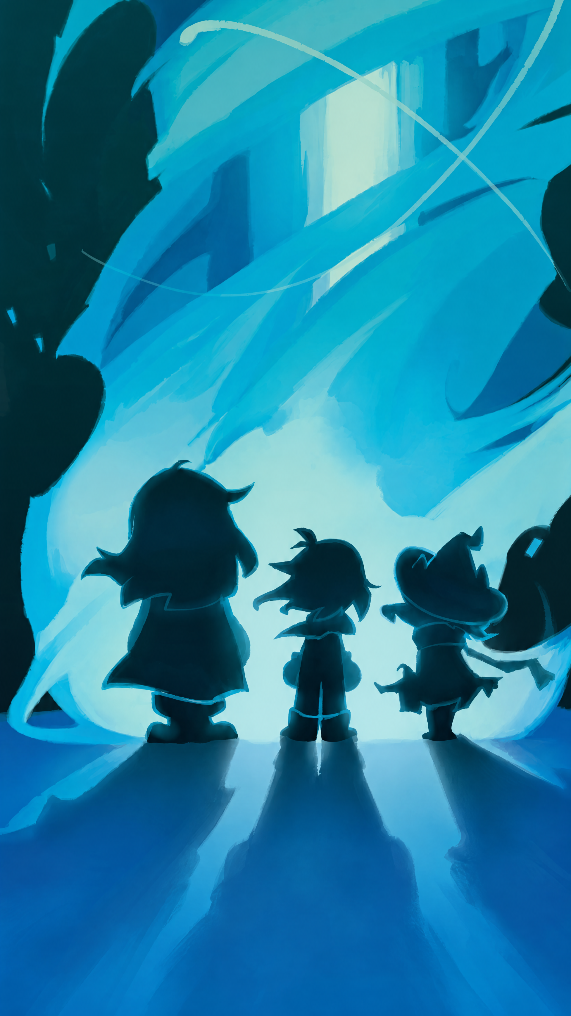 Phone wallpaper showing three childlike Deltarune silhouettes — Kris center, Ralsei right — standing before a swirling, backlit blue portal.
