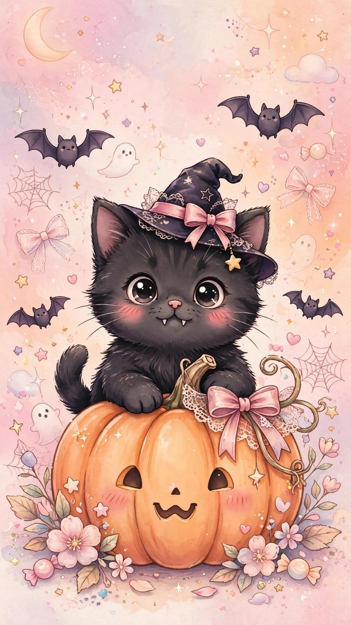 Kawaii Halloween iPhone wallpaper: cute black cat in a witch hat peeks from a smiling jack-o'-lantern amid bats, friendly ghosts, bows, stars and pastel flowers.