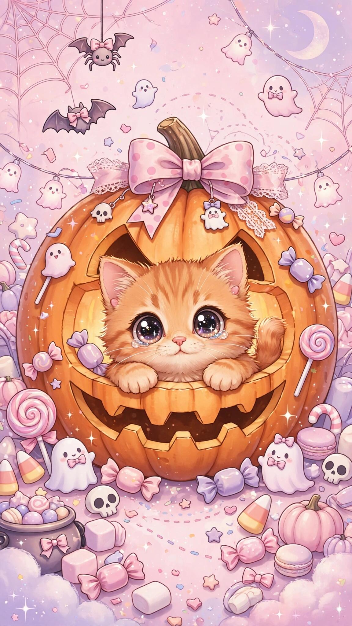 Kawaii iPhone wallpaper: a cute orange kitten peeks from a smiling jack-o'-lantern surrounded by pastel ghosts, candy, bats, spiderwebs and stars — sweet, spooky Halloween charm.