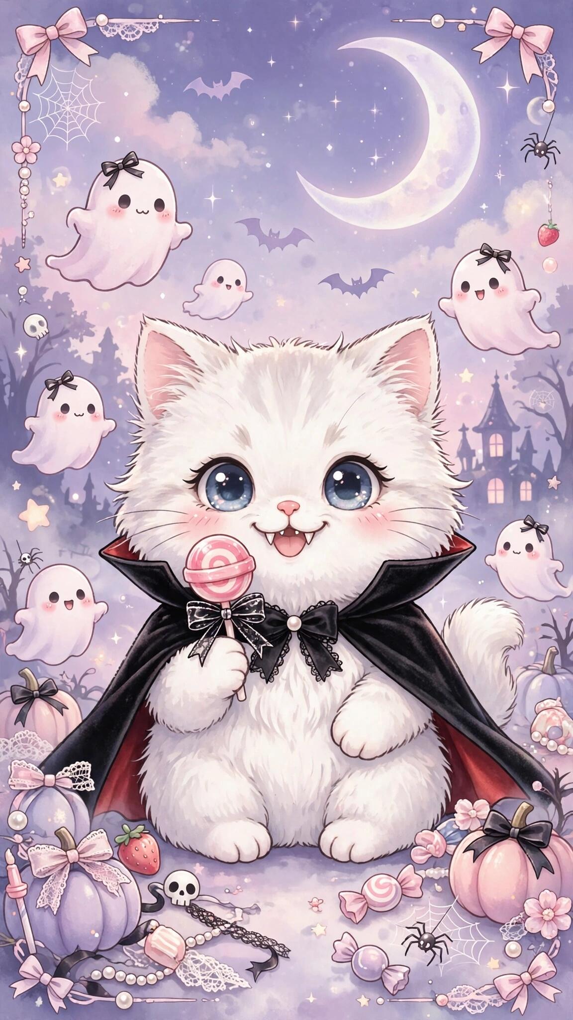 Kawaii white kitten in a vampire cape holding a lollipop, surrounded by smiling ghosts, pastel pumpkins, bats and a crescent moon — cute Halloween iPhone wallpaper.