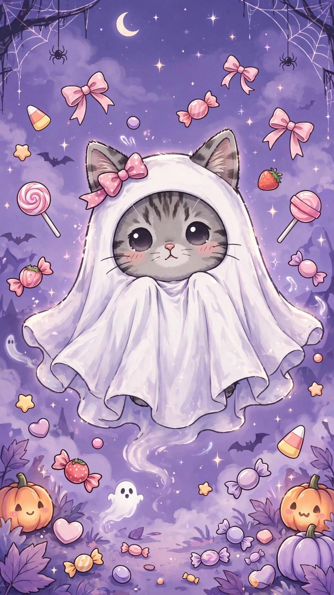 Phone wallpaper of a kawaii cat ghost — a gray kitten in a white sheet with pink bows, floating amid candy, pumpkins, bats and stars on a purple Halloween background.