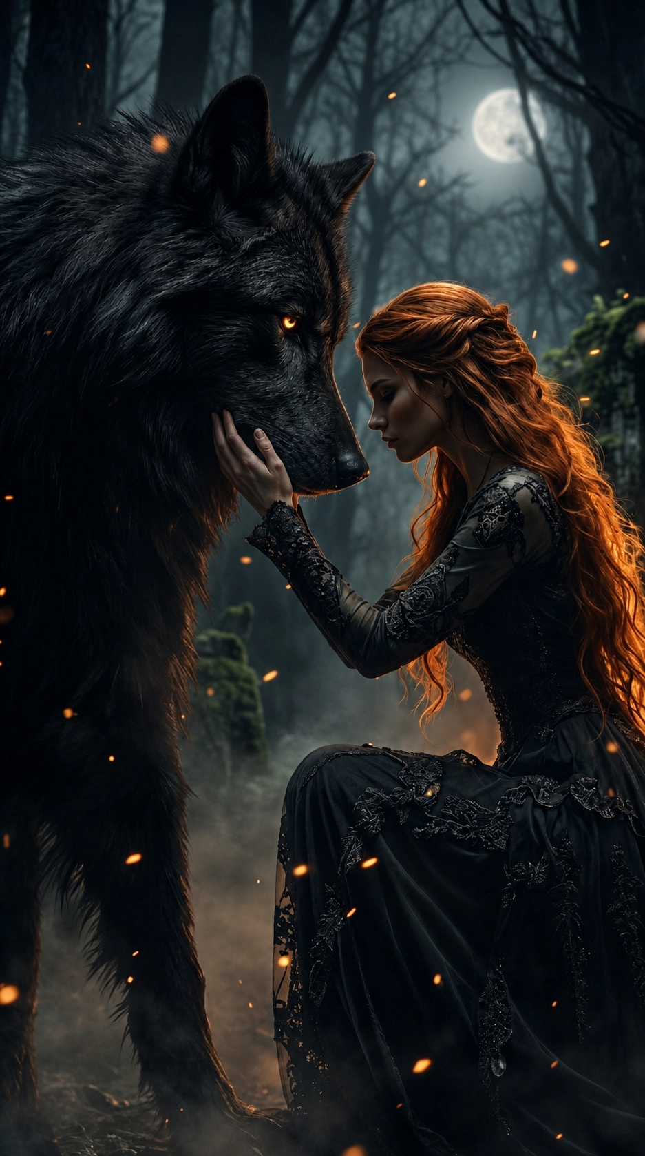 Phone wallpaper: a redhead, dark-garbed girl kneels in a moonlit forest, gently touching a massive black wolf as embers drift in this fantasy night scene.