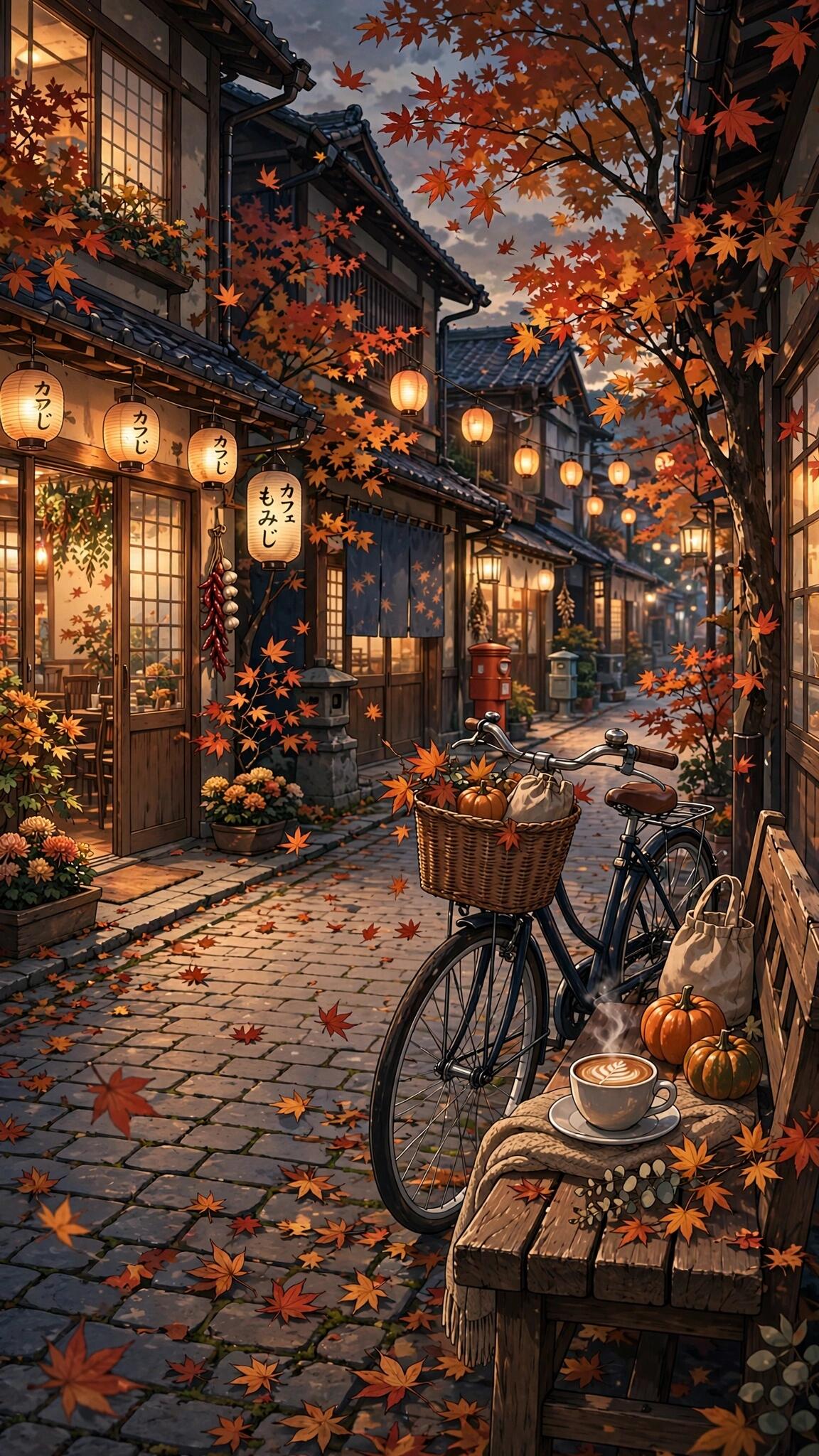 Anime-style pastel-goth iPhone wallpaper: cute cat with pastel accents sits in a lantern-lit autumn Japanese street, bicycle, pumpkins and cozy café details