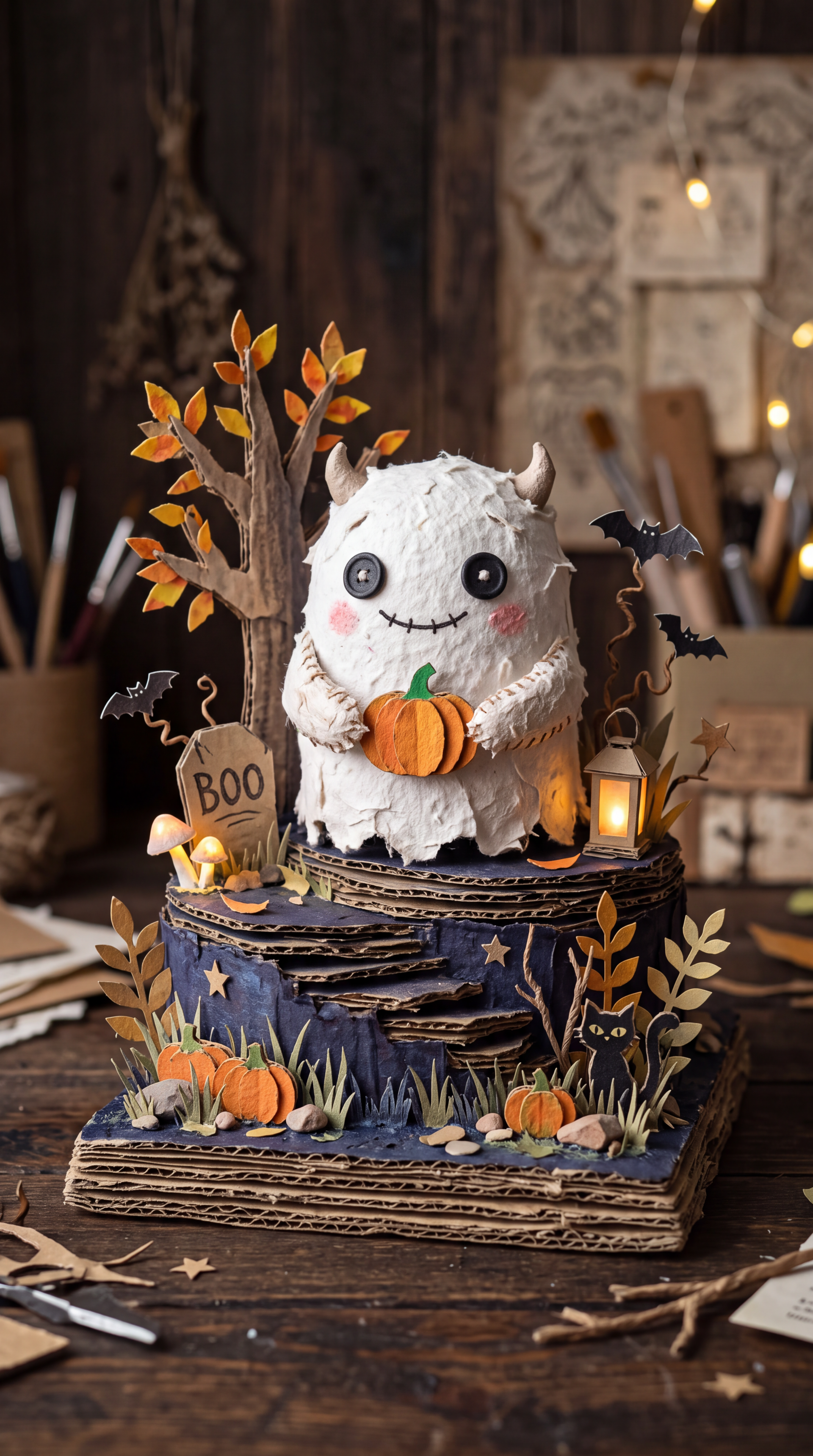 Spooky-cute Halloween iPhone wallpaper: a smiling ghost cake clutching a pumpkin on a layered woodland cake, surrounded by mini pumpkins, bats, a lantern and autumn leaves.