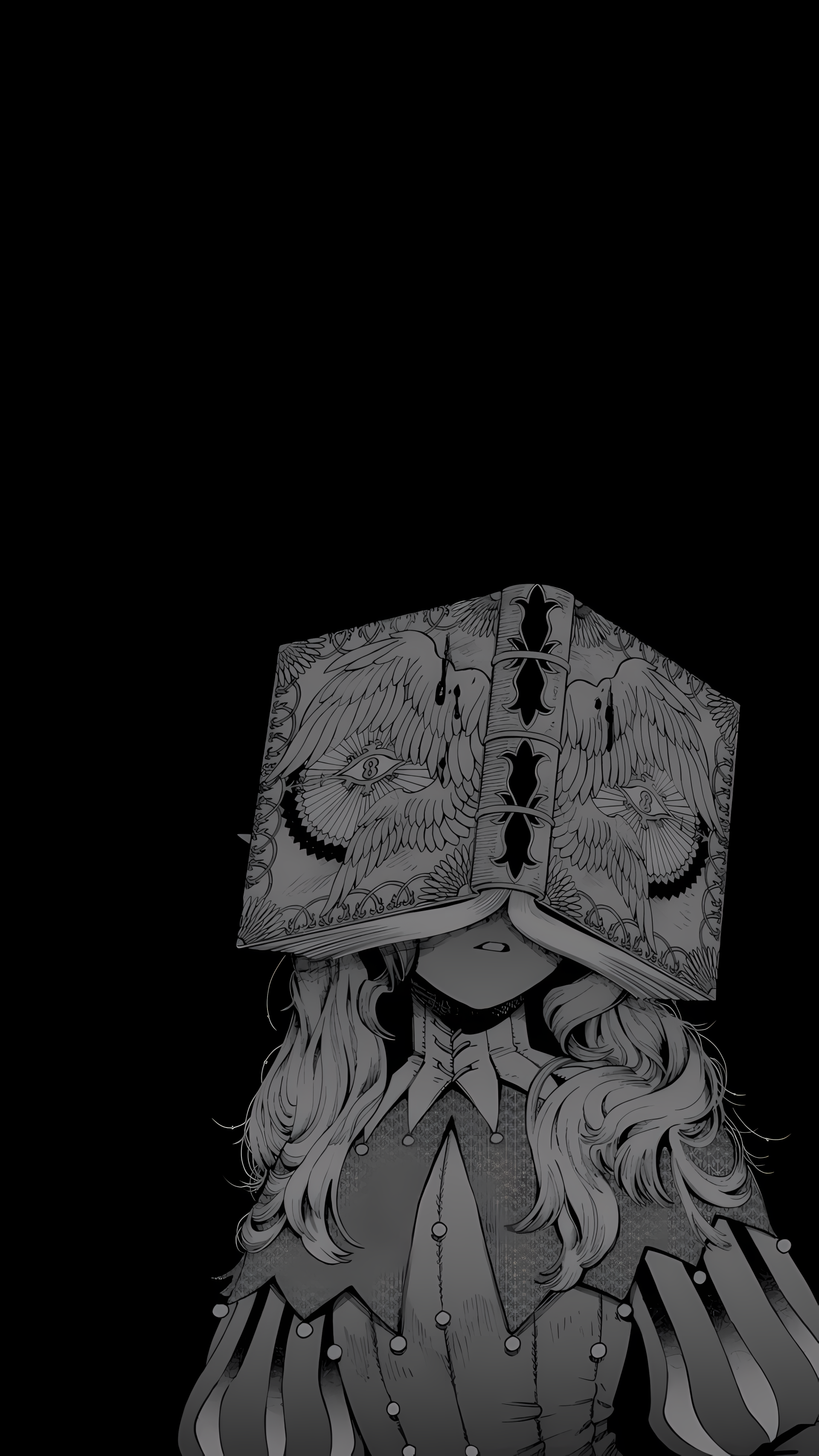 Minimalist black anime iPhone wallpaper: grayscale girl with flowing hair and a decorative book hiding her face, illustrated against a deep black background.