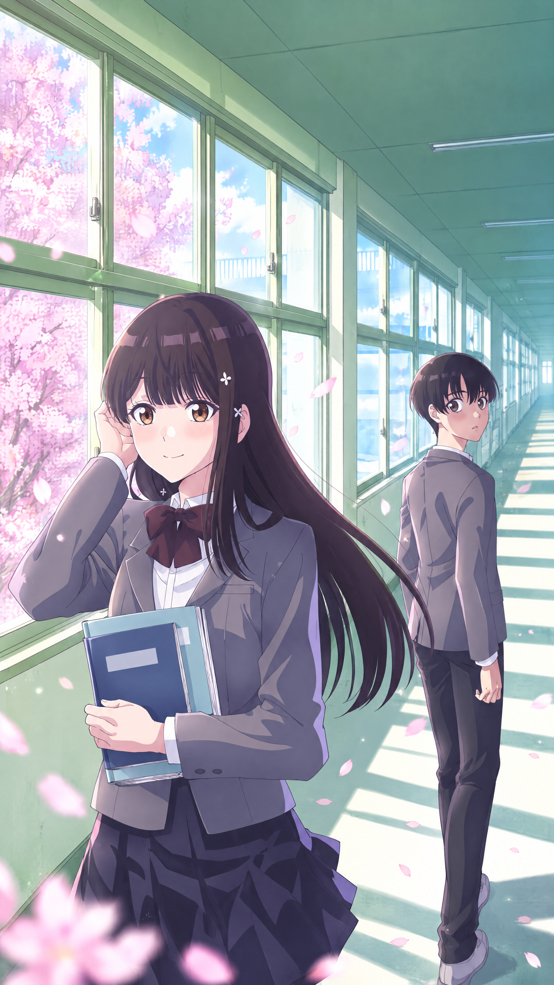 Phone wallpaper from Everyone's Darling Has a Secret: anime schoolgirl holding books in a sunlit school hallway, a boy standing behind her, cherry blossoms drifting.