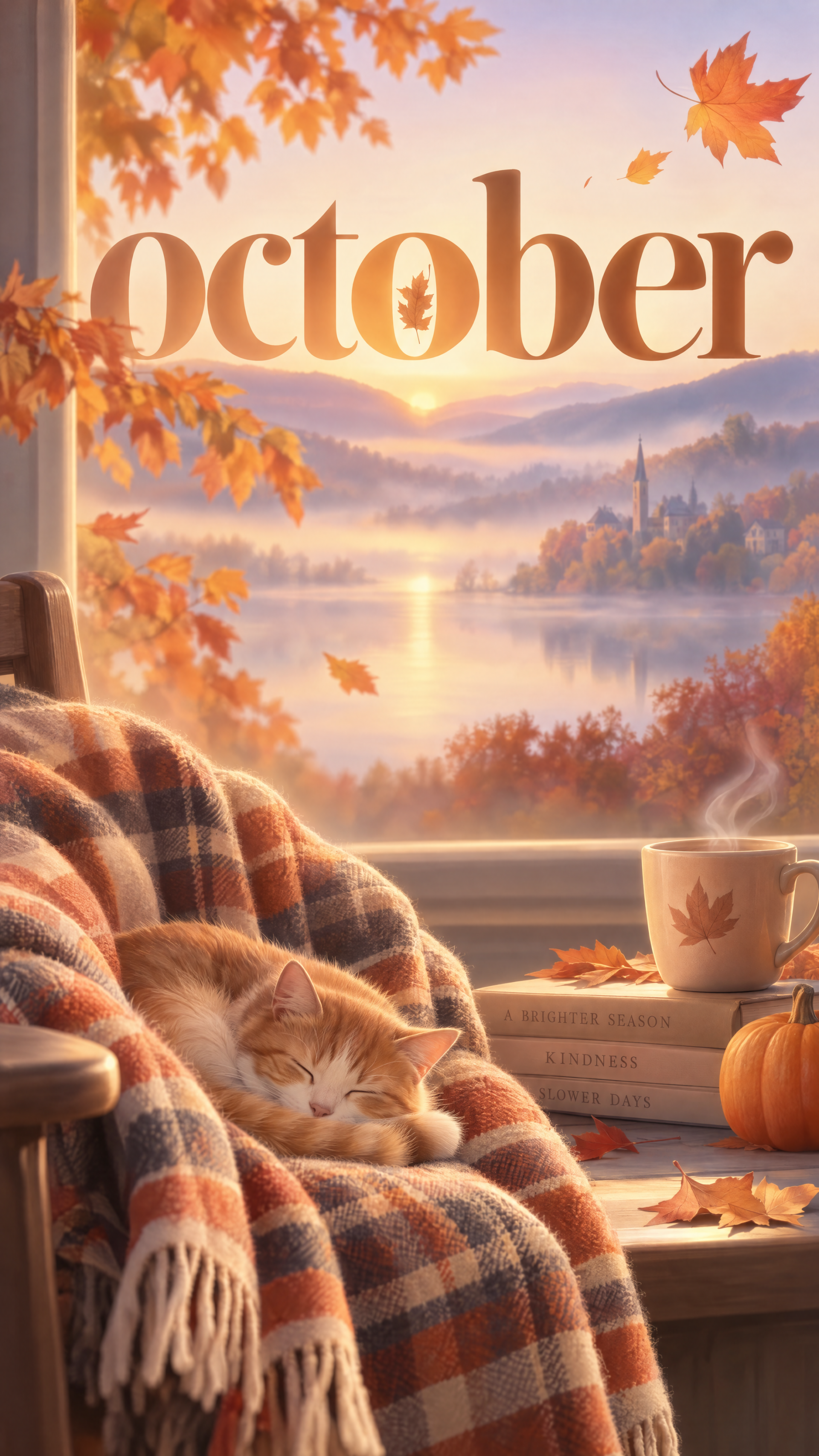 October iPhone wallpaper: a sleeping orange cat curled on a plaid blanket by a steaming mug and small pumpkin, autumn leaves framing a misty lakeside sunrise.