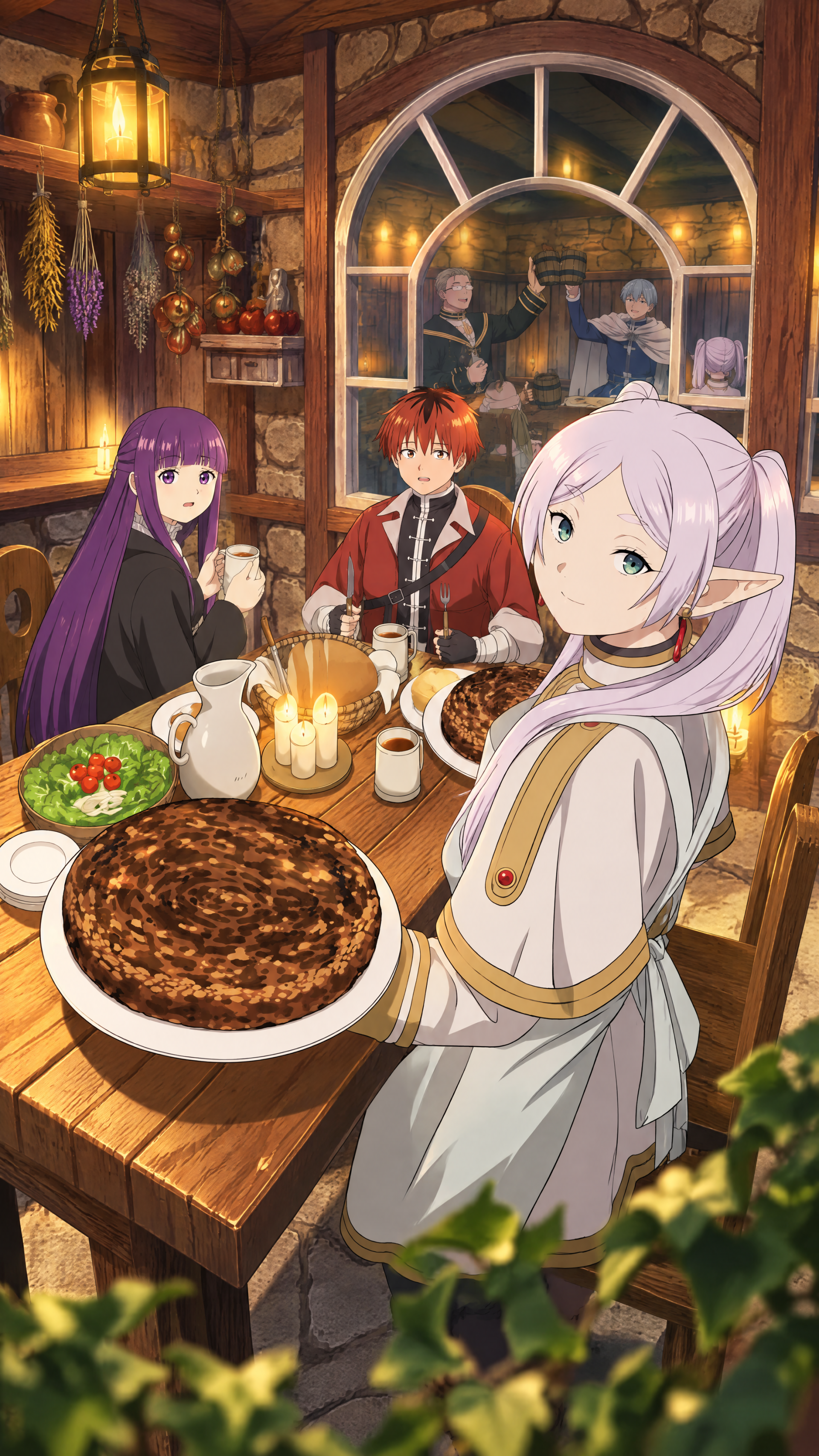 iPhone wallpaper of Frieren from Frieren: Beyond Journey's End — anime elf and companions sharing a candlelit tavern meal around a cozy wooden table.
