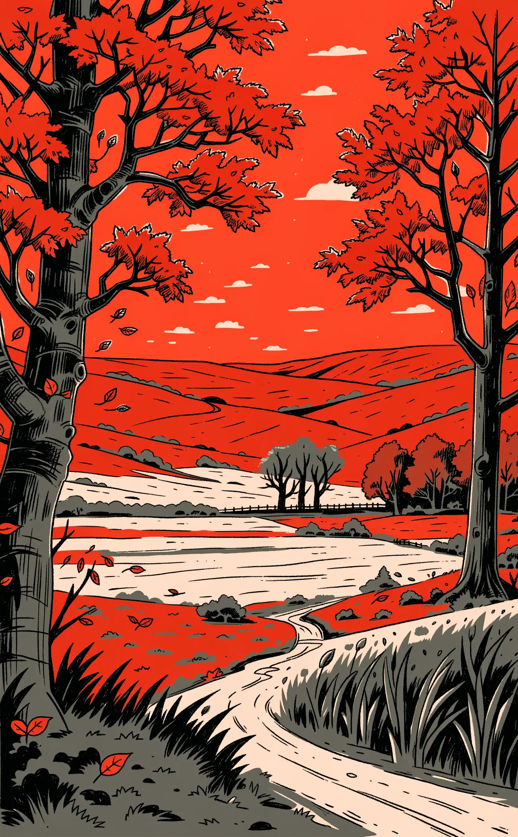 iPhone wallpaper of a stylized fall landscape: red-orange trees frame a winding path through a forest and rolling hills beneath a few scattered clouds.