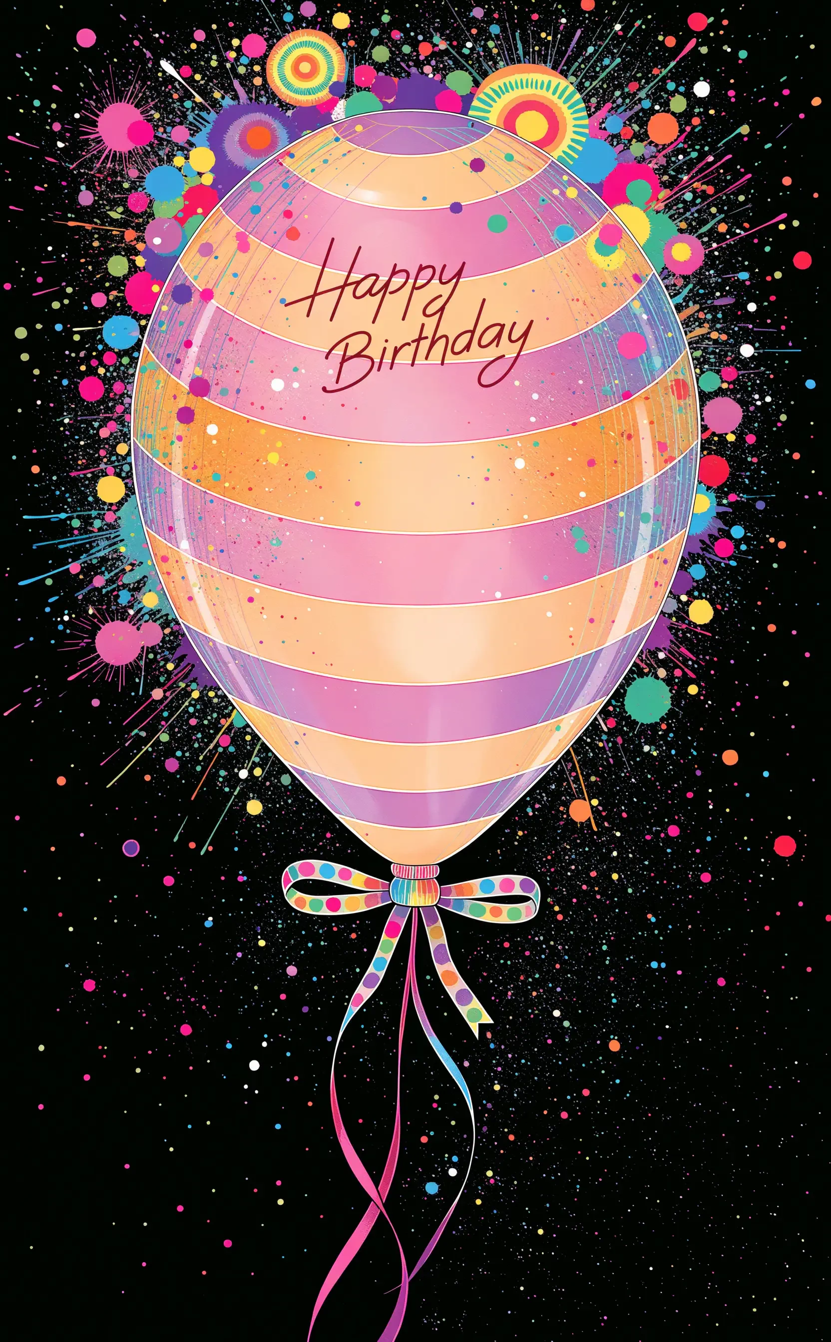 Striped pastel balloon reading Happy Birthday with ribbon, colorful confetti bursts and paint splashes on a black background — phone/iPhone wallpaper celebrating a birthday.