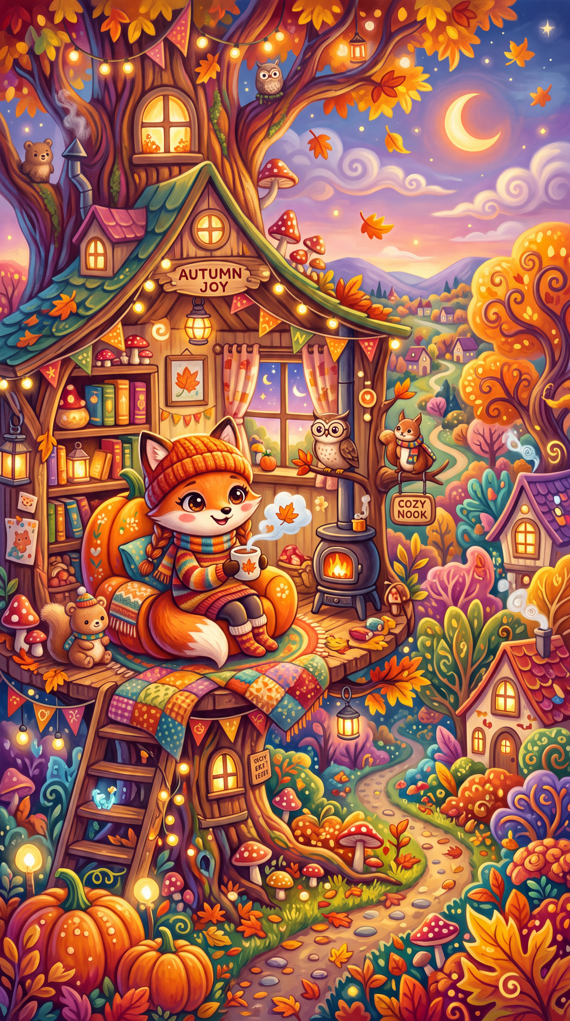 Phone wallpaper of a cozy fall treehouse cottage: a fox in a knit hat sipping tea among pumpkins, glowing lanterns and owls, with vivid Autumn foliage and a crescent moon.