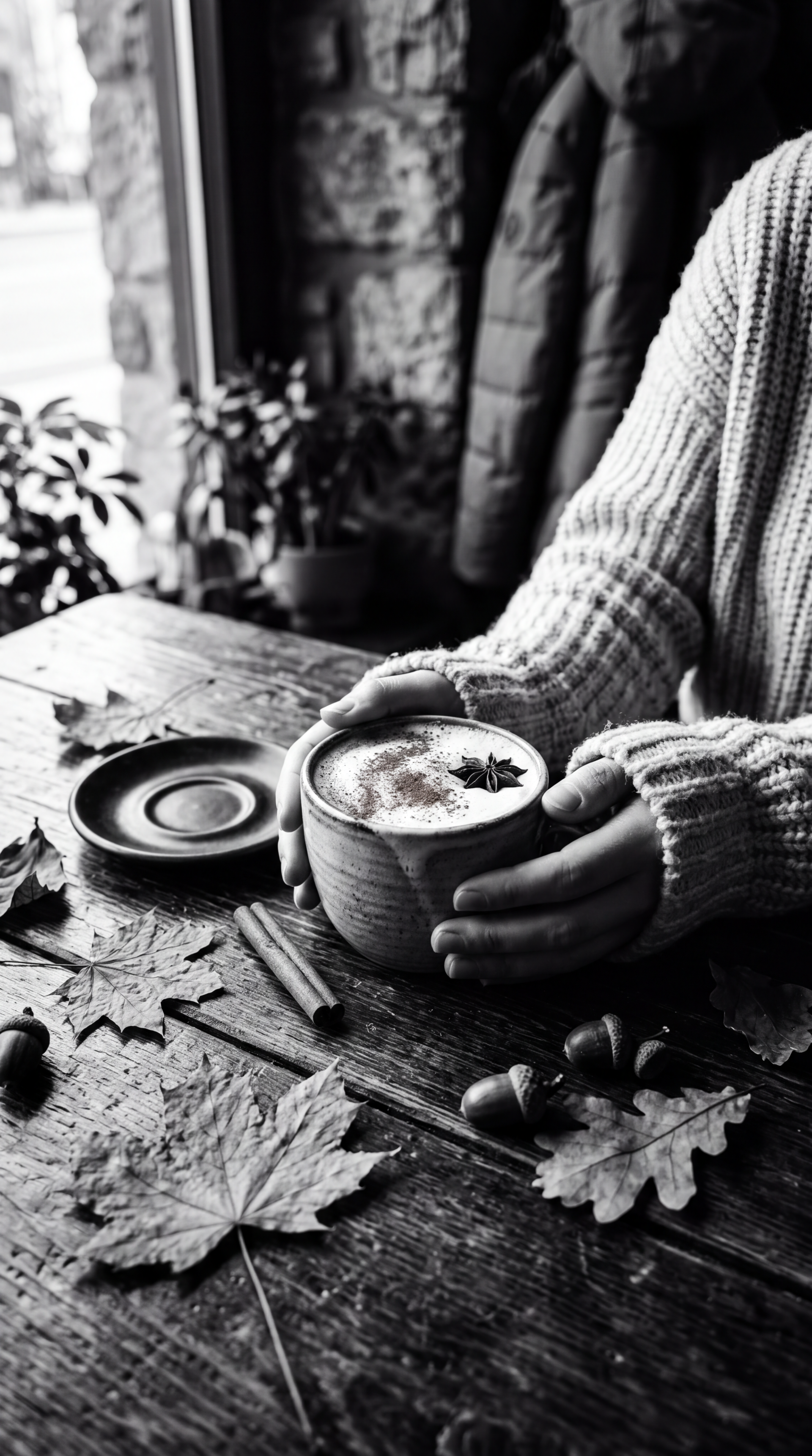 Monochrome iPhone wallpaper of hands in a chunky sweater holding a mug of fall coffee on a wooden table scattered with autumn leaves, acorns and a saucer.