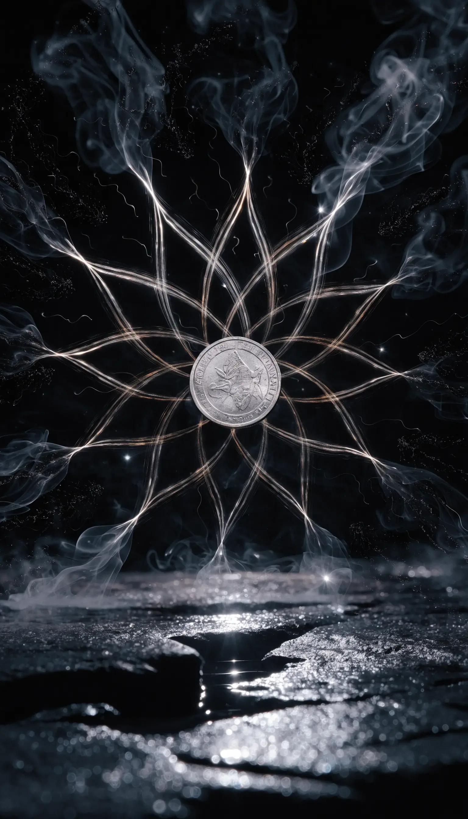 Abstract iPhone wallpaper: a silver coin floats at center of a star-like smoky pattern radiating against a dark background, reflections on a wet, textured foreground.