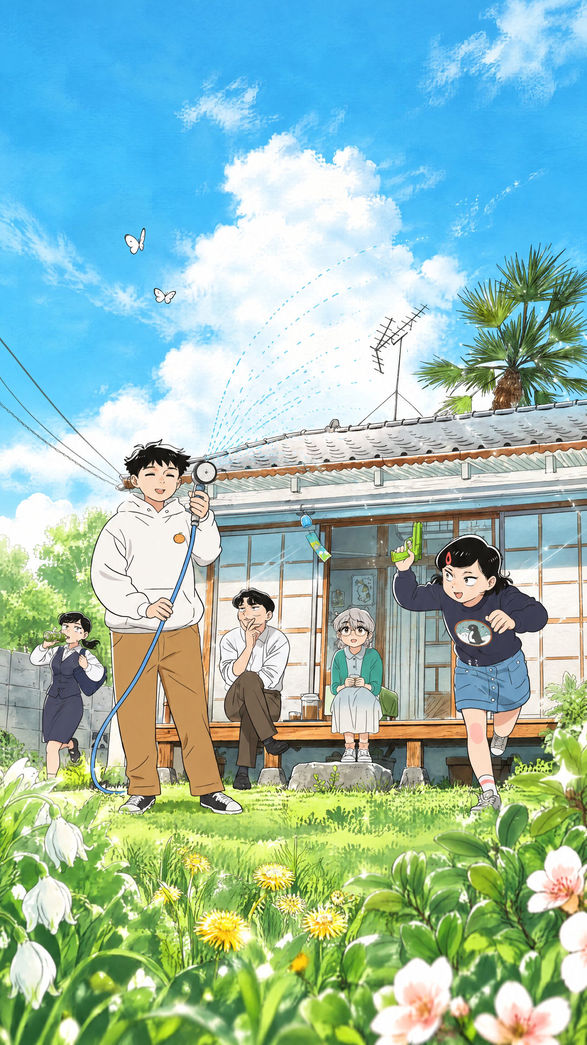 iPhone wallpaper: Hirayasumi by Hiroto Ikuta — anime people relaxing in a sunny garden before a traditional house, butterflies, flowers and a bright blue sky.