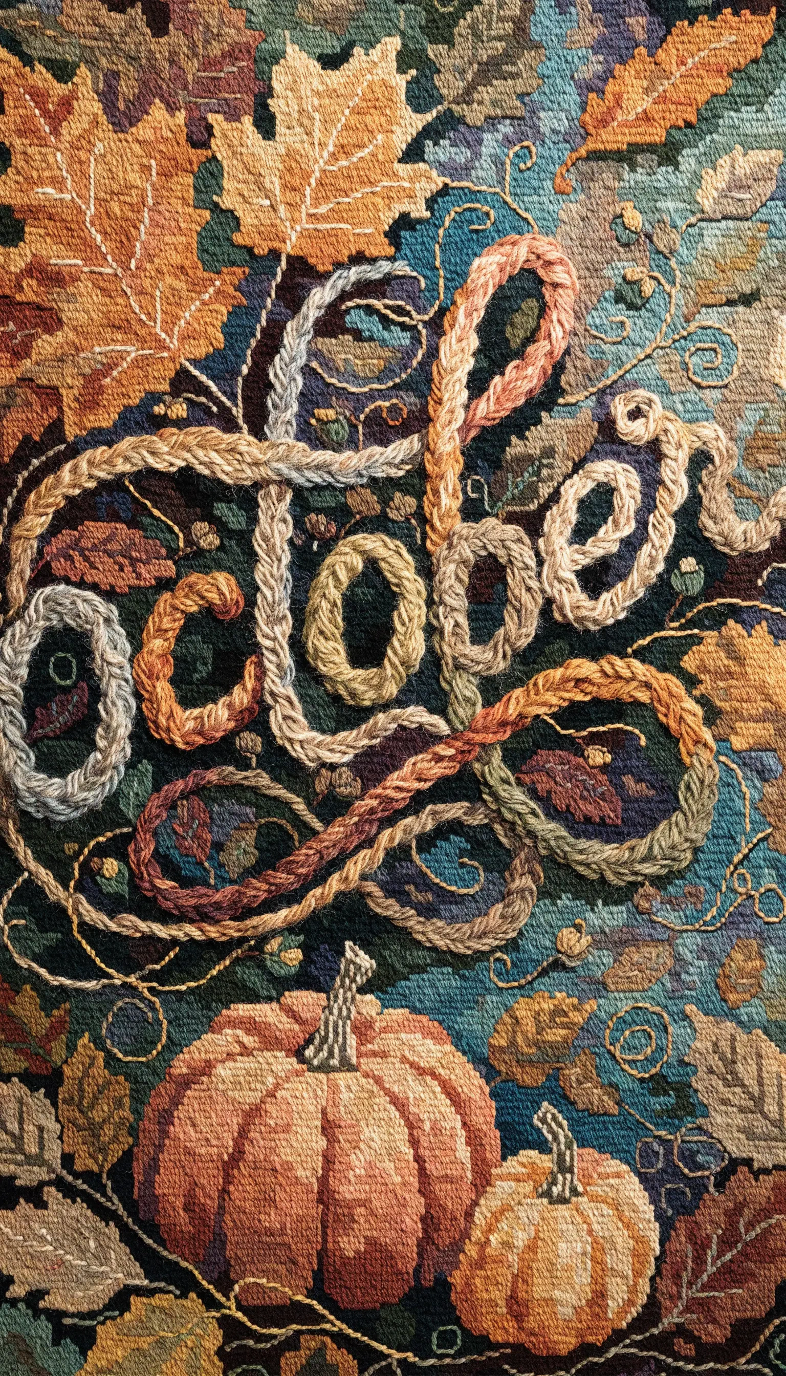 Embroidery-style iPhone wallpaper: stitched pumpkins, swirling autumn leaves and rope-like cursive forming October.