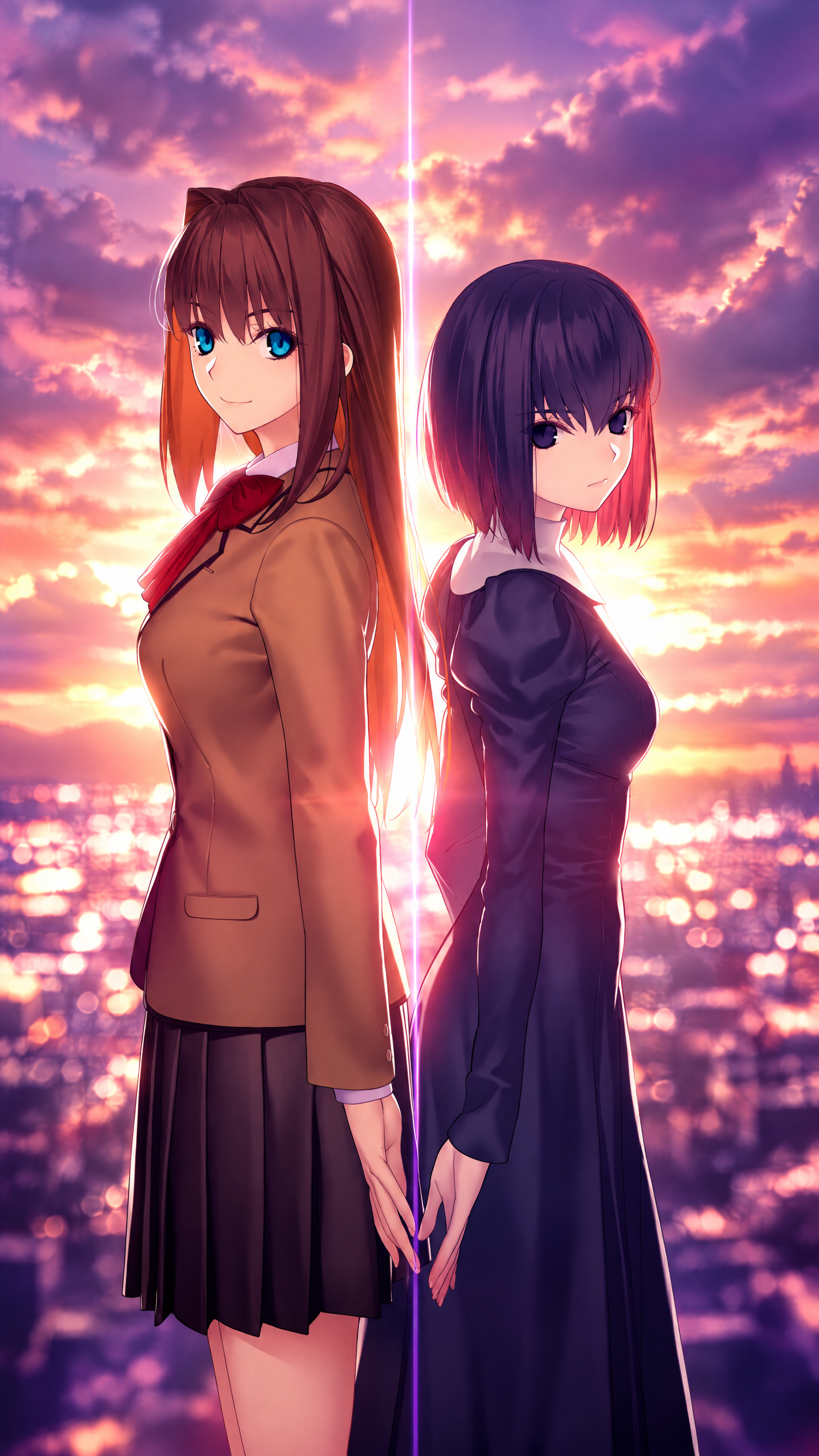 iPhone wallpaper of anime girls Aoko Aozaki and Alice Kuonji from Witch On The Holy Night, standing back-to-back at sunset with a glowing seam over a shimmering sea.