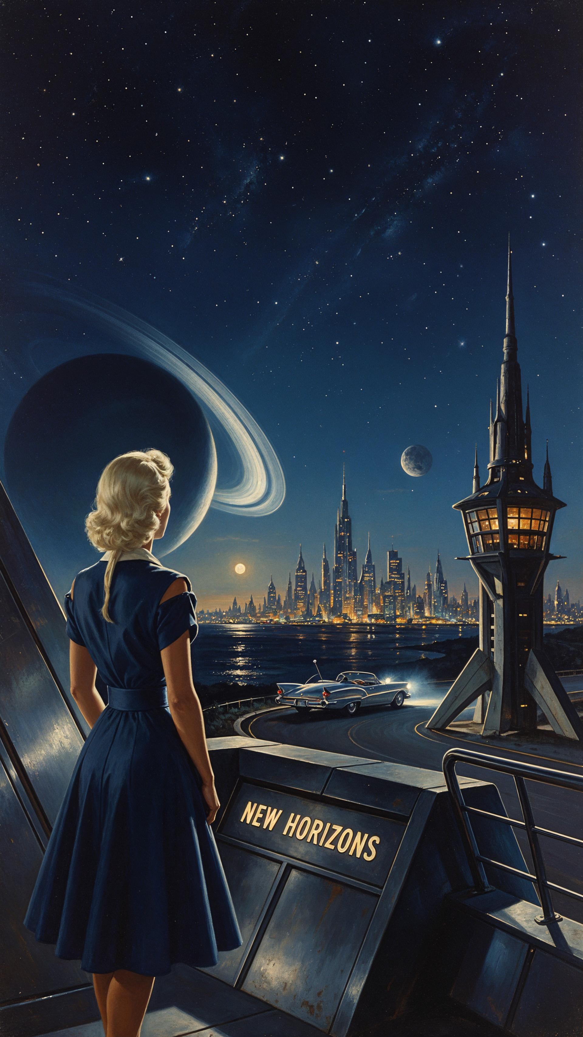 Night mood iPhone wallpaper: a woman in a dress overlooks a luminous futuristic cityscape and ringed planet, a spaceship on the quay reads New Horizons.