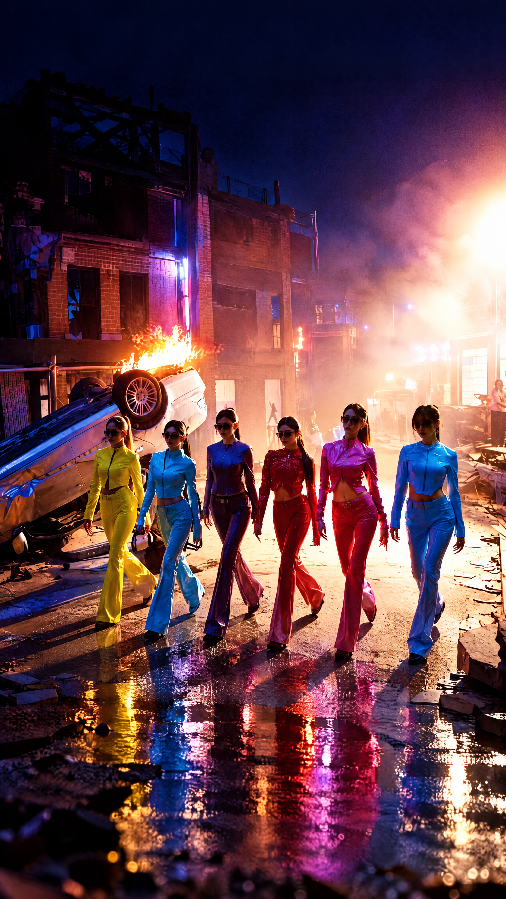 iPhone wallpaper: IVE Looks Can Kill runway — six models in vibrant fashion suits stride through a neon-lit, burning urban street, puddles reflecting dramatic colored lights.