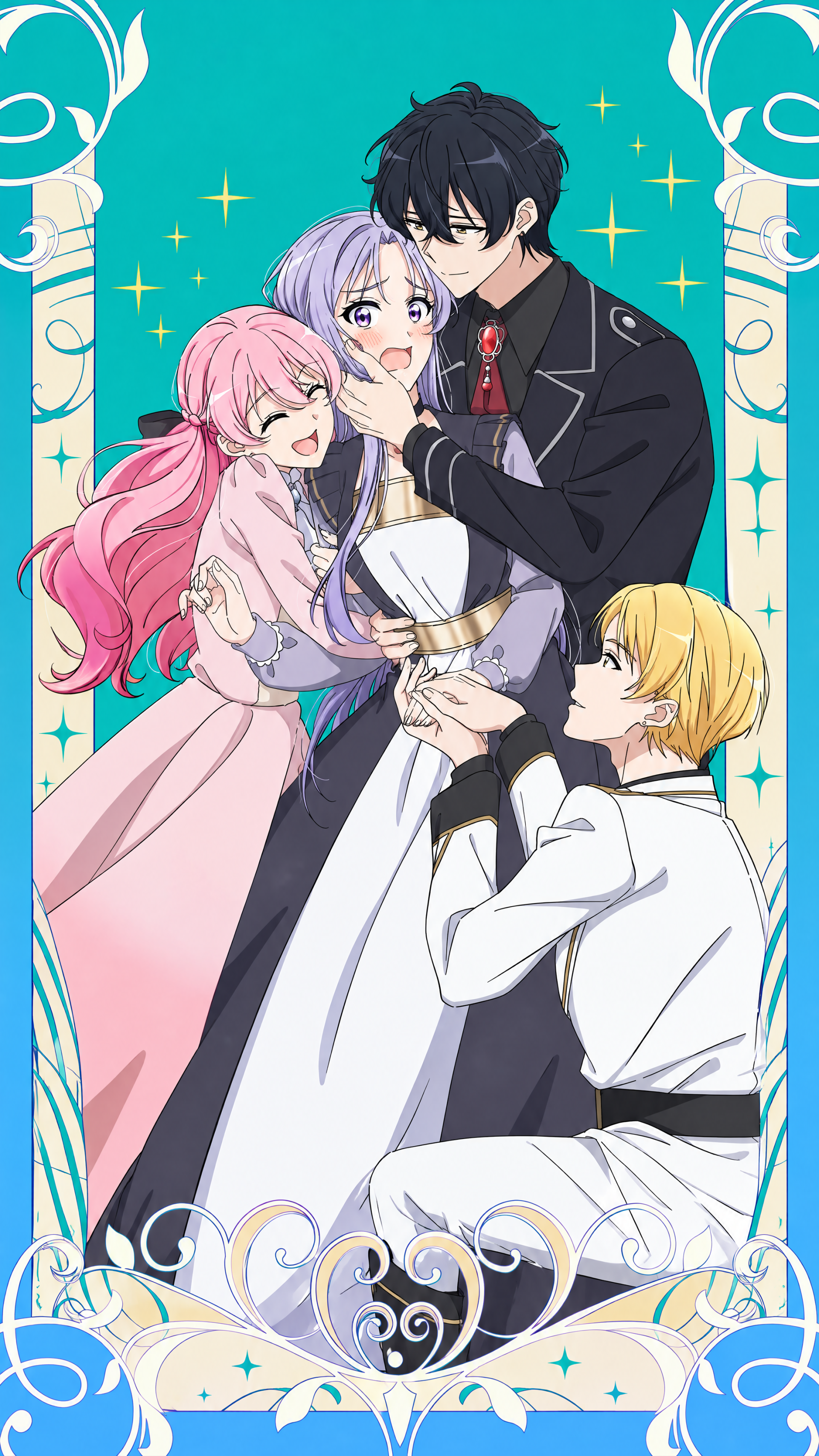 Isekai anime iPhone wallpaper of Odebu Akujo: a blushing bride in white embraced by a dark‑haired groom, with a pink‑haired friend hugging and a kneeling blond admirer, ornate decorative frame.