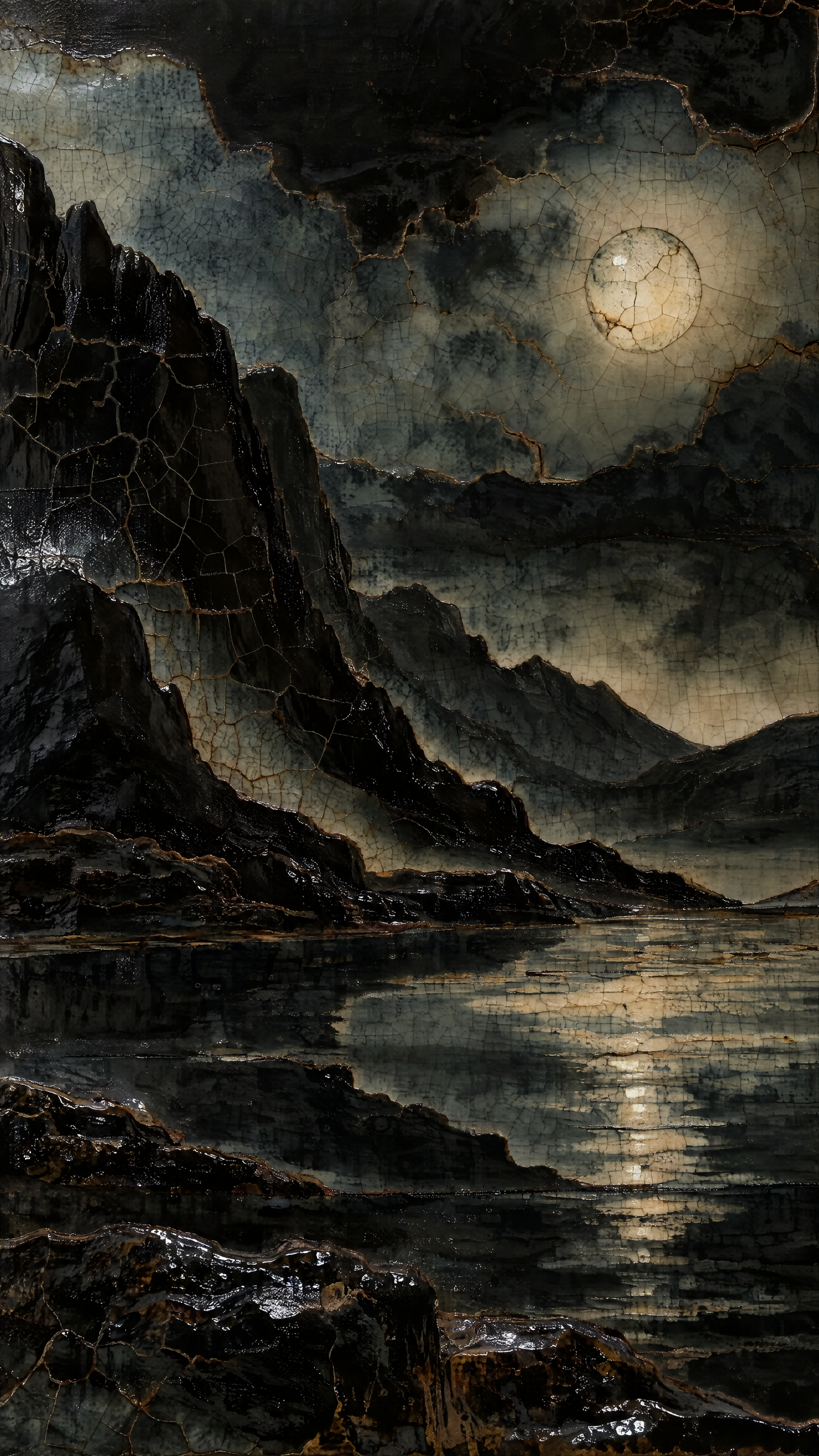 Dark mountain landscape at night with a cracked full moon casting light across a still lake — vertical iPhone wallpaper composition.