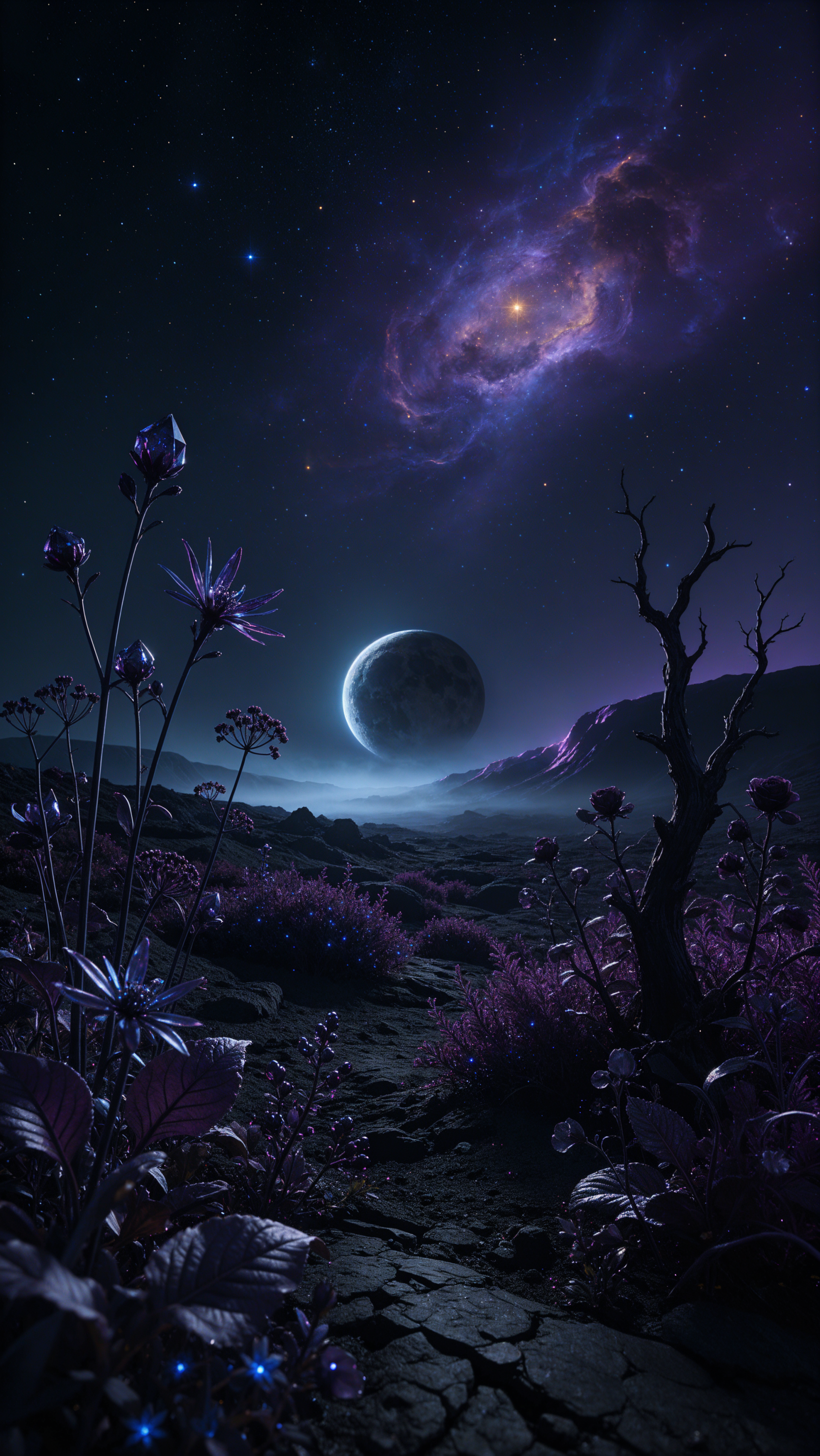 Phone wallpaper: dark alien landscape with purple foliage, cracked path toward a distant planet beneath a glowing nebula in a star-filled space sky.