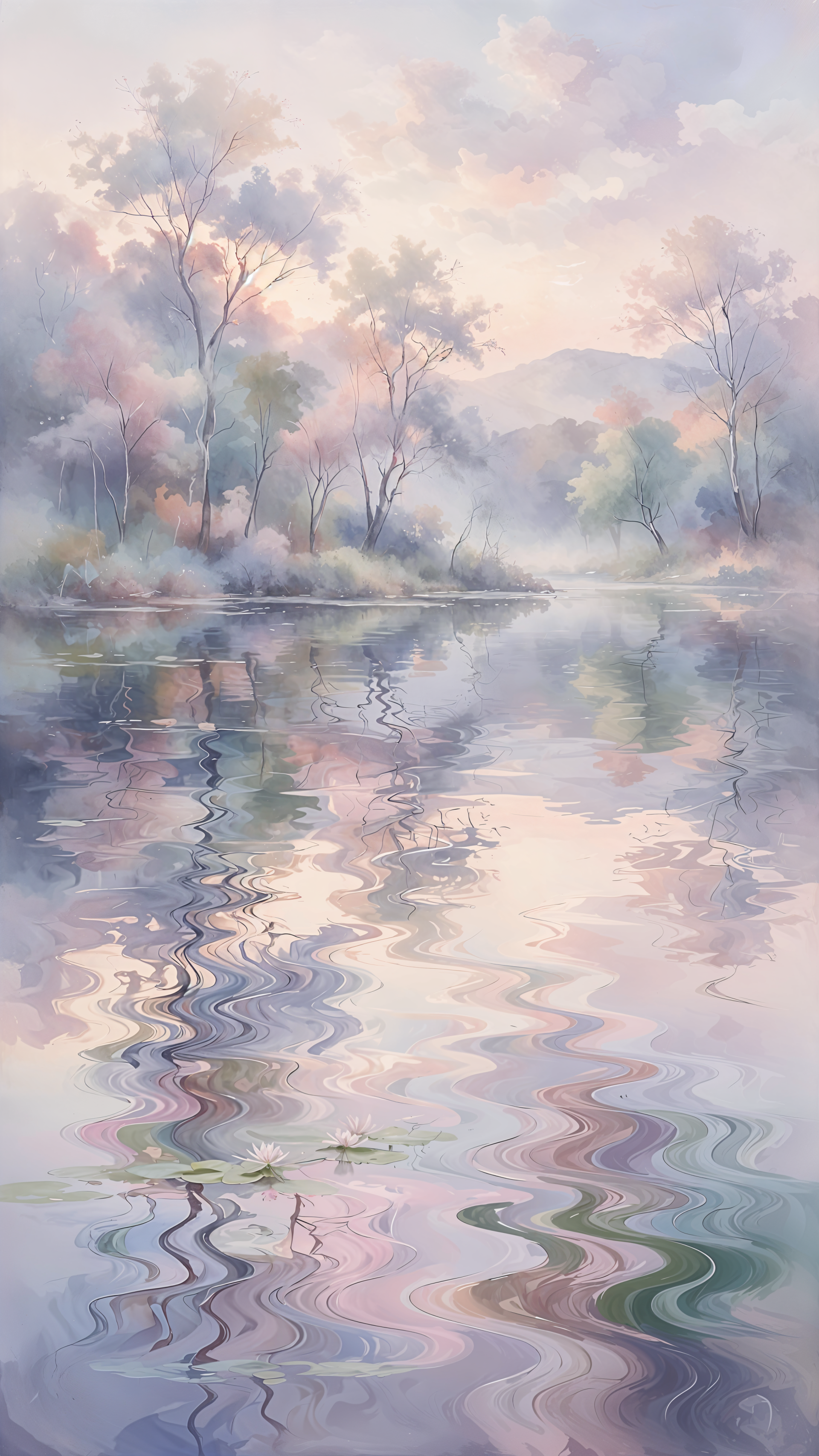 iPhone wallpaper of a soft-colored landscape: a misty lake edged by slender trees with gentle, rippling reflections.