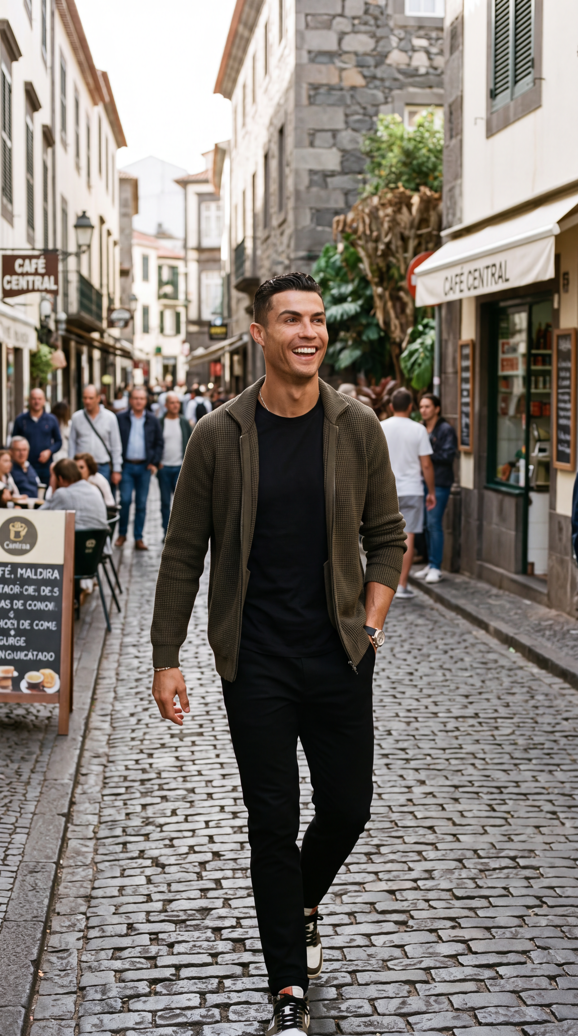 iPhone wallpaper of a smiling man walking down a cobblestone street lined with cafés and shops, wearing a casual jacket with pedestrians and storefronts in the background.