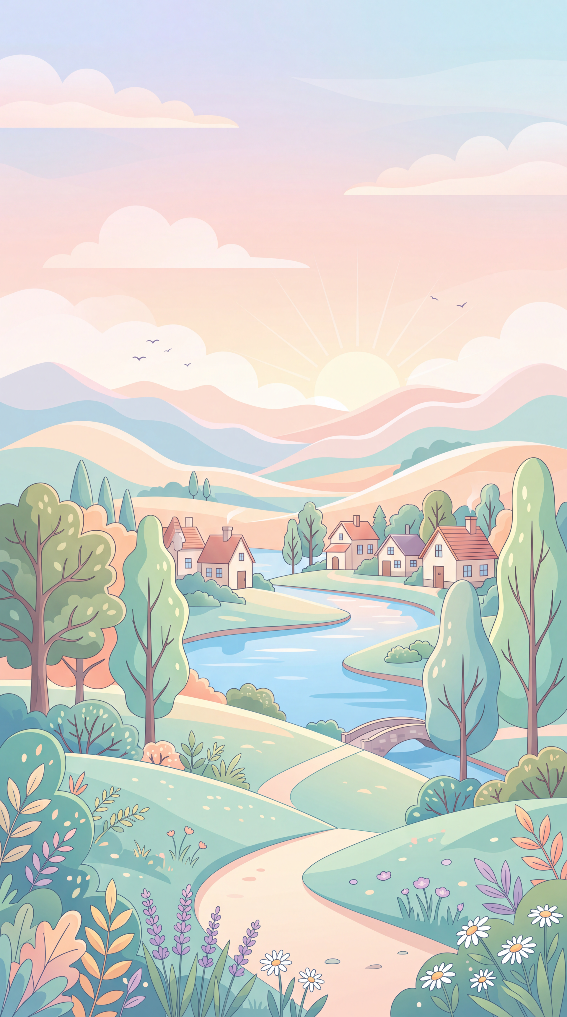 Soft-colored iPhone wallpaper of a peaceful countryside landscape: a winding river through rolling hills with a quaint village nestled among trees.