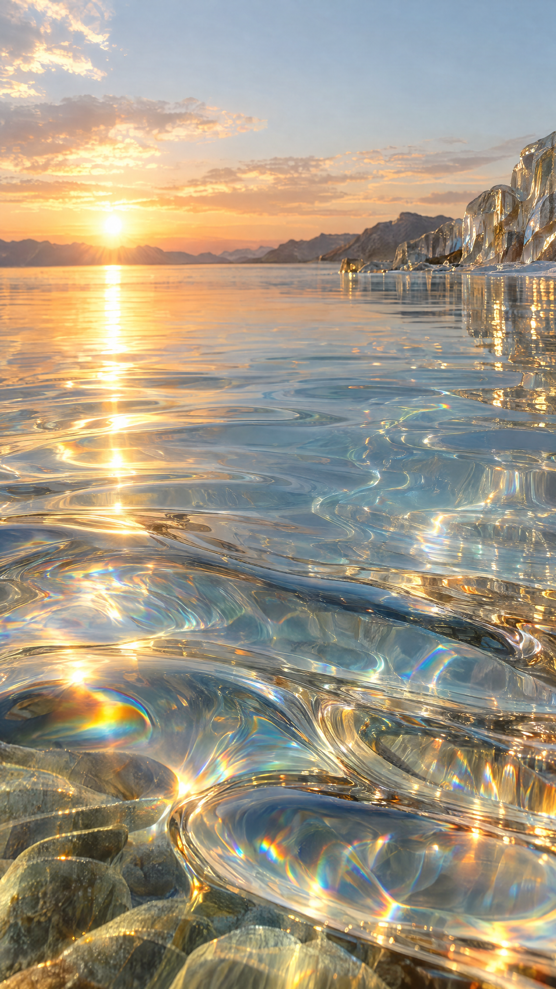 iPhone wallpaper of a calm sea landscape at sunrise, glassy water reflecting golden light over pebbles with a distant rocky shoreline.
