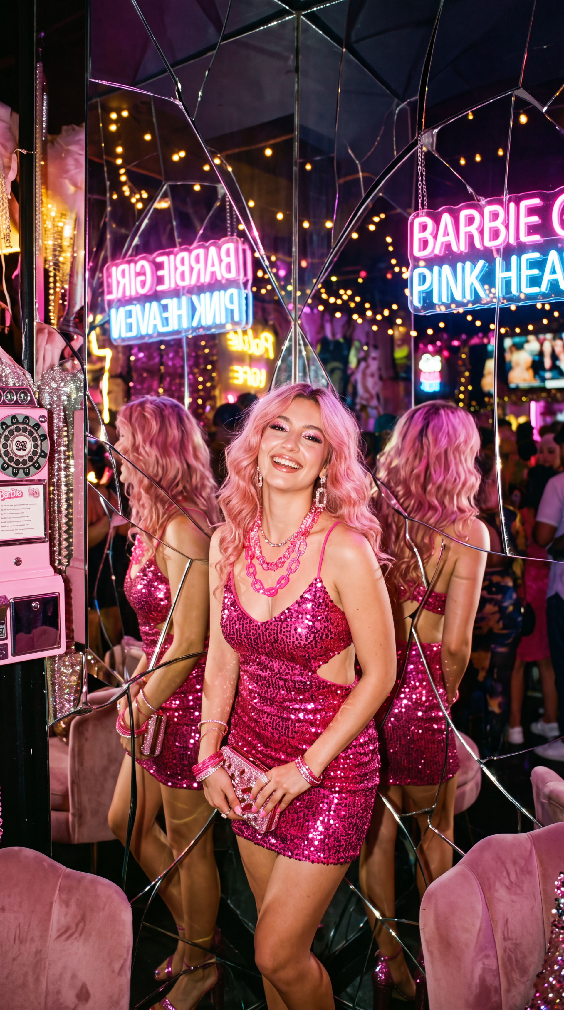 Barbiecore iPhone wallpaper: smiling woman in a sequined pink dress in a mirrored room lit by neon Barbie signs.