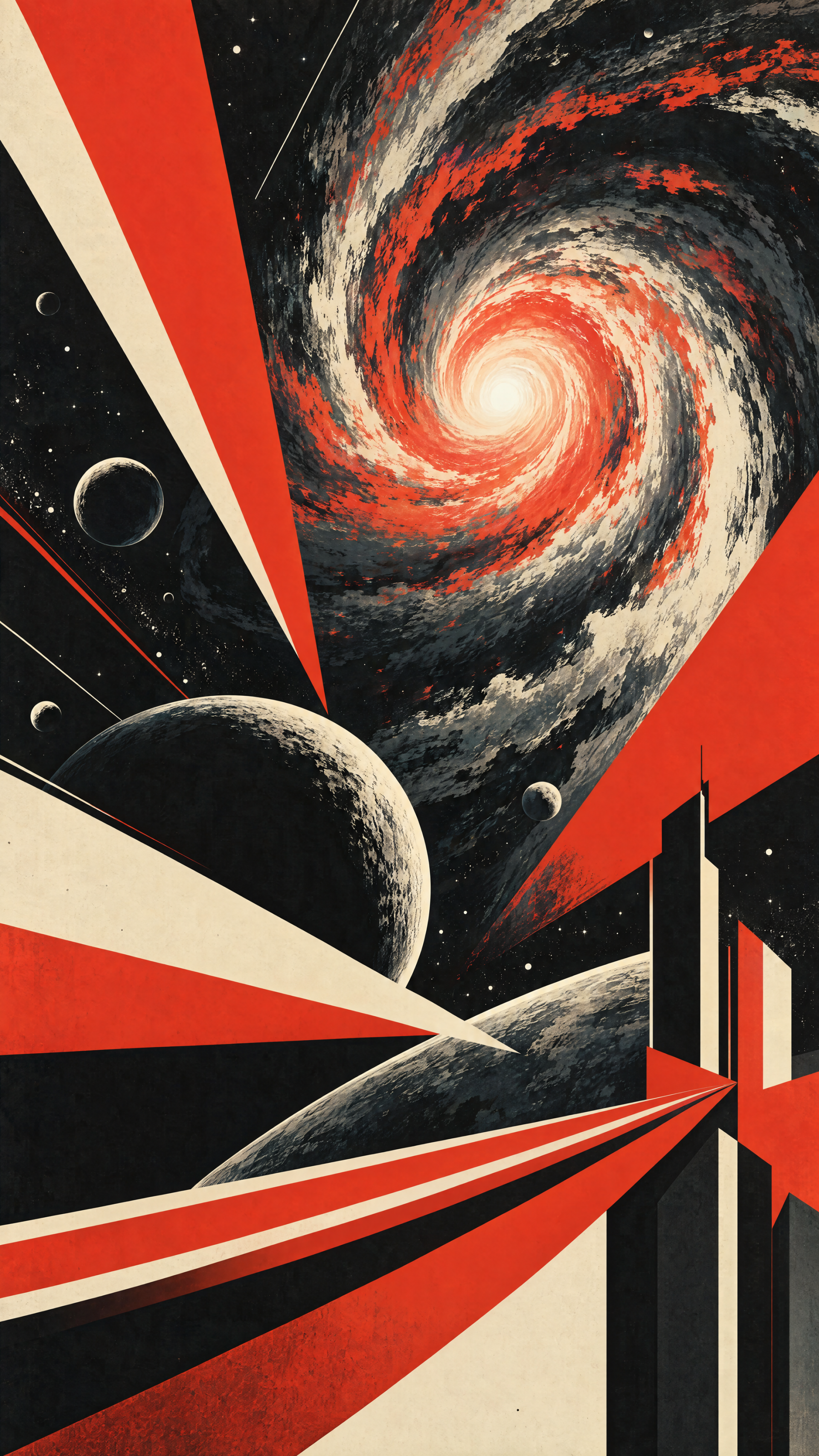 Phone wallpaper of a retro-futuristic cosmic storm: swirling red-and-white galaxy over planets and angular space-age structures.