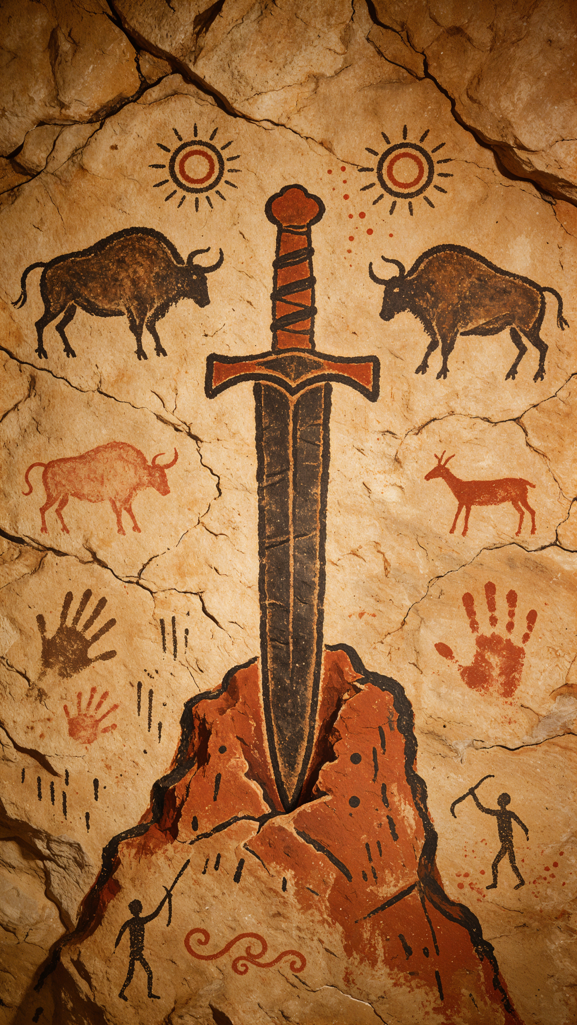 Phone wallpaper showing a legendary sword embedded in rock rendered as cave-painting rock art, with stylized bison, deer, handprints, hunters and sun symbols.