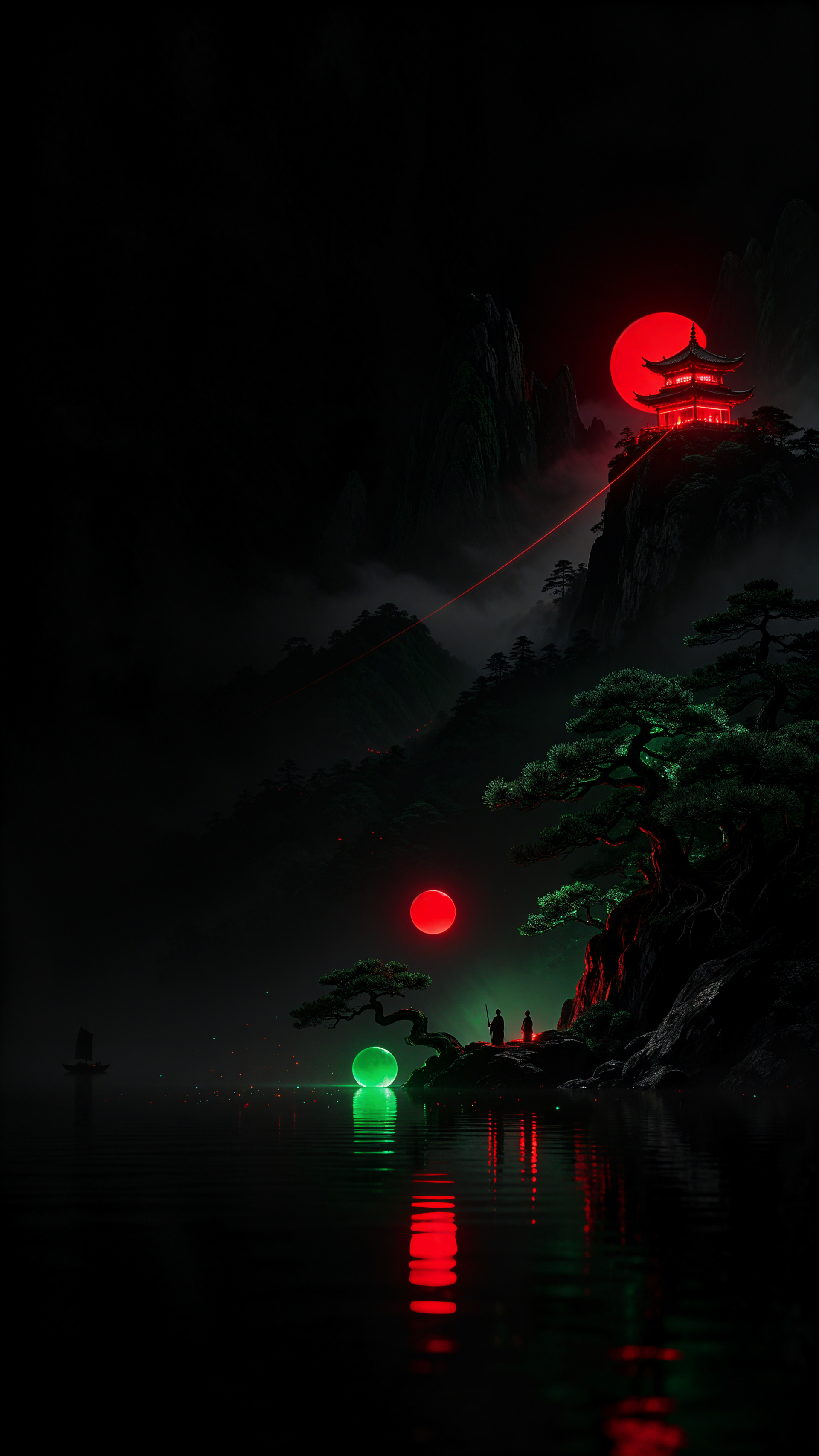 iPhone OLED wallpaper: a blood-red moon looms behind a mountaintop temple; red and green lanterns cast reflections across a dark, misty lake framed by pine silhouettes.