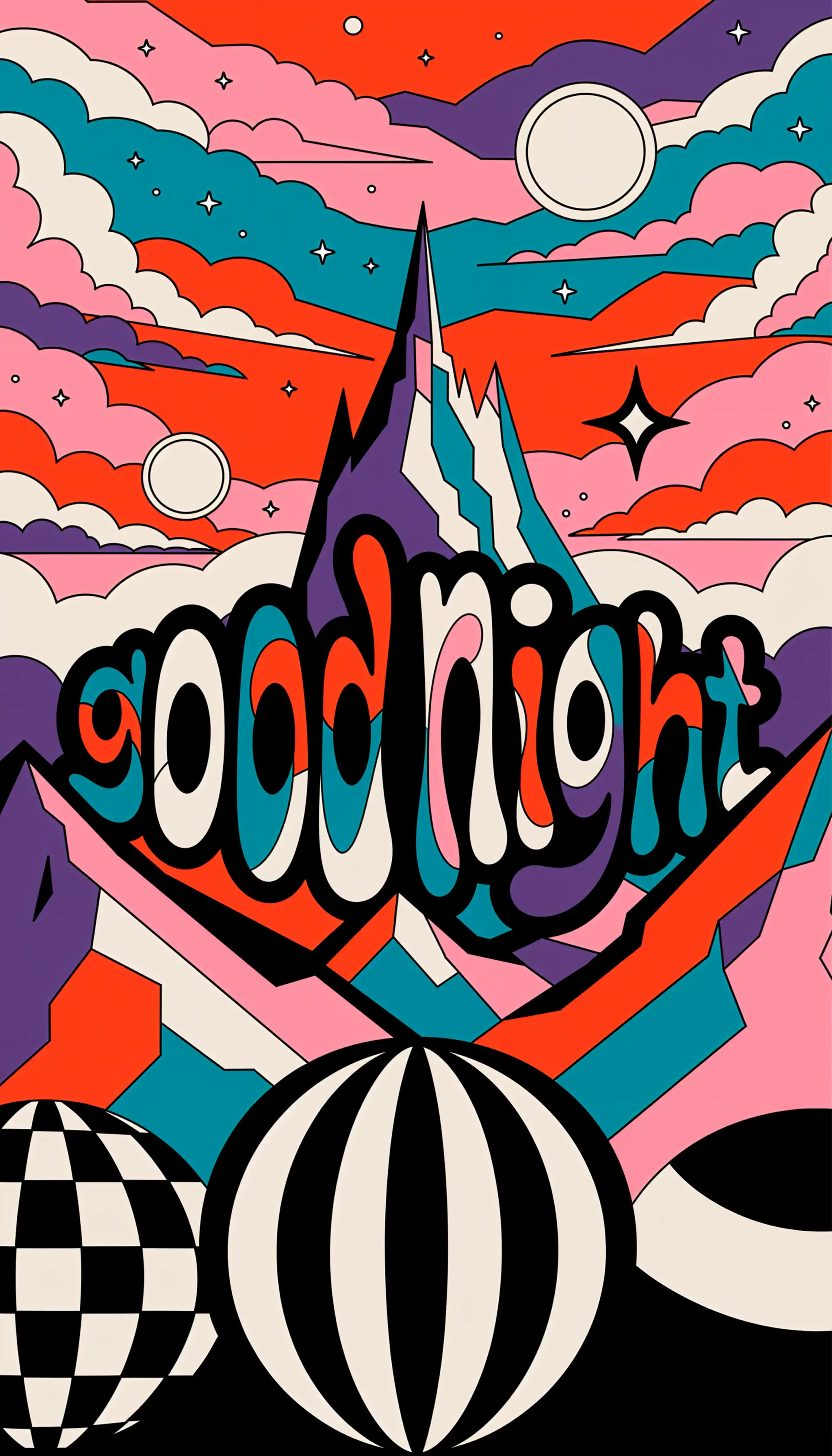 Vibrant abstract iPhone wallpaper featuring bold good night typography over colorful geometric mountains, striped and checker spheres, and a starry pink-orange sky.