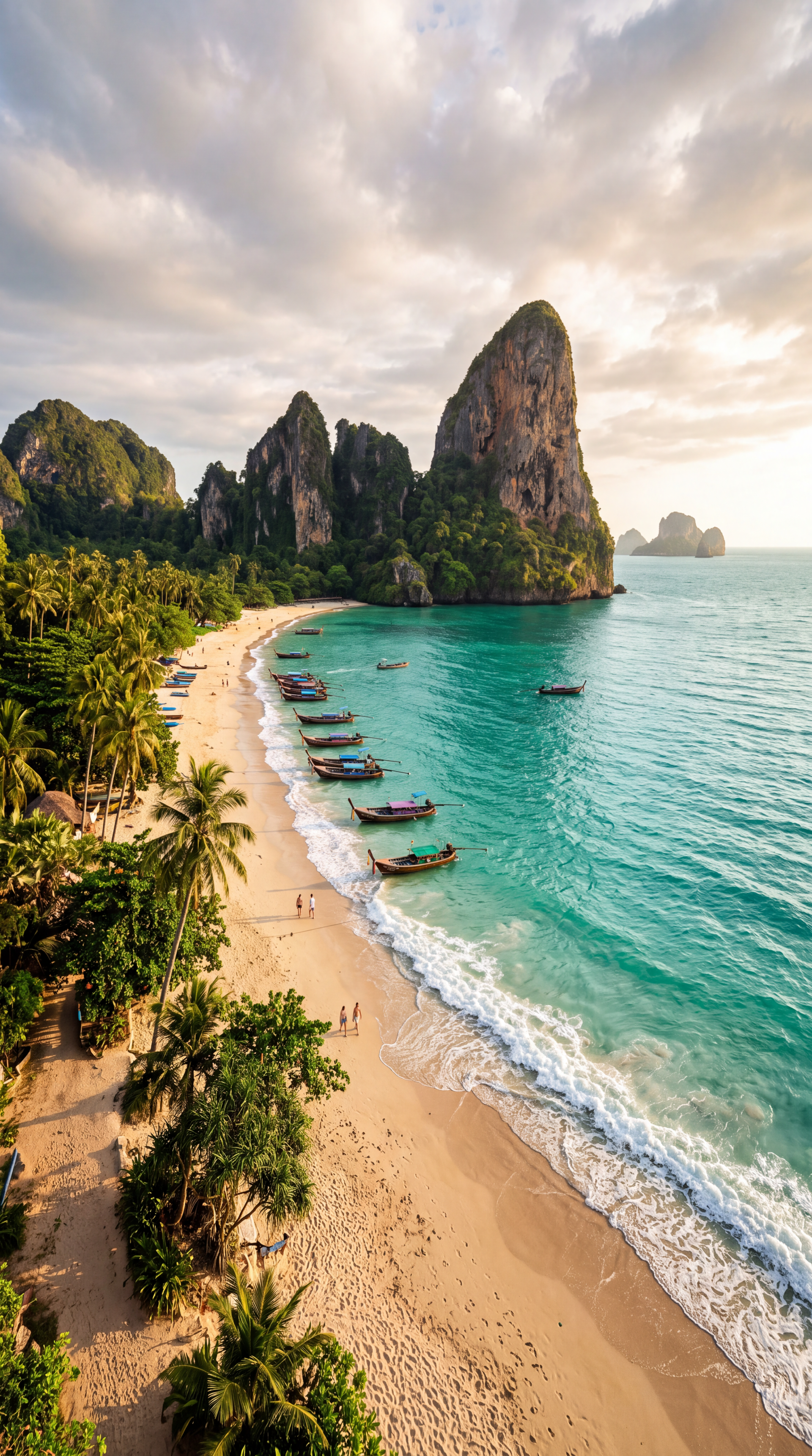 Vertical iPhone wallpaper showing a tropical beach coastline with turquoise ocean, sandy shore lined with longtail boats and palms, and towering limestone cliffs beneath a dramatic sky.