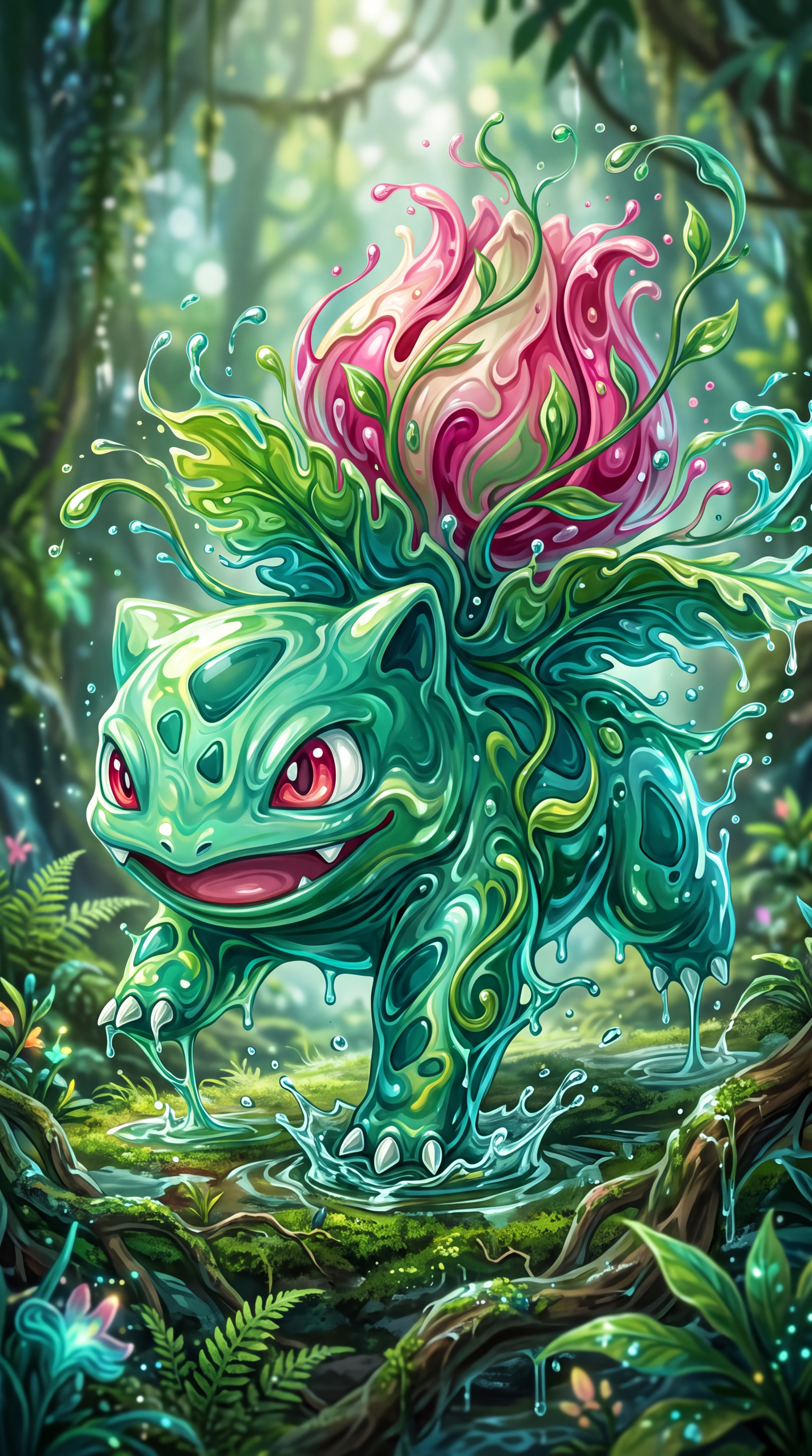 Ivysaur Pokémon as a vivid flower monster in a sunlit, dewy forest, petals and vines blooming from its back — colorful iPhone wallpaper.