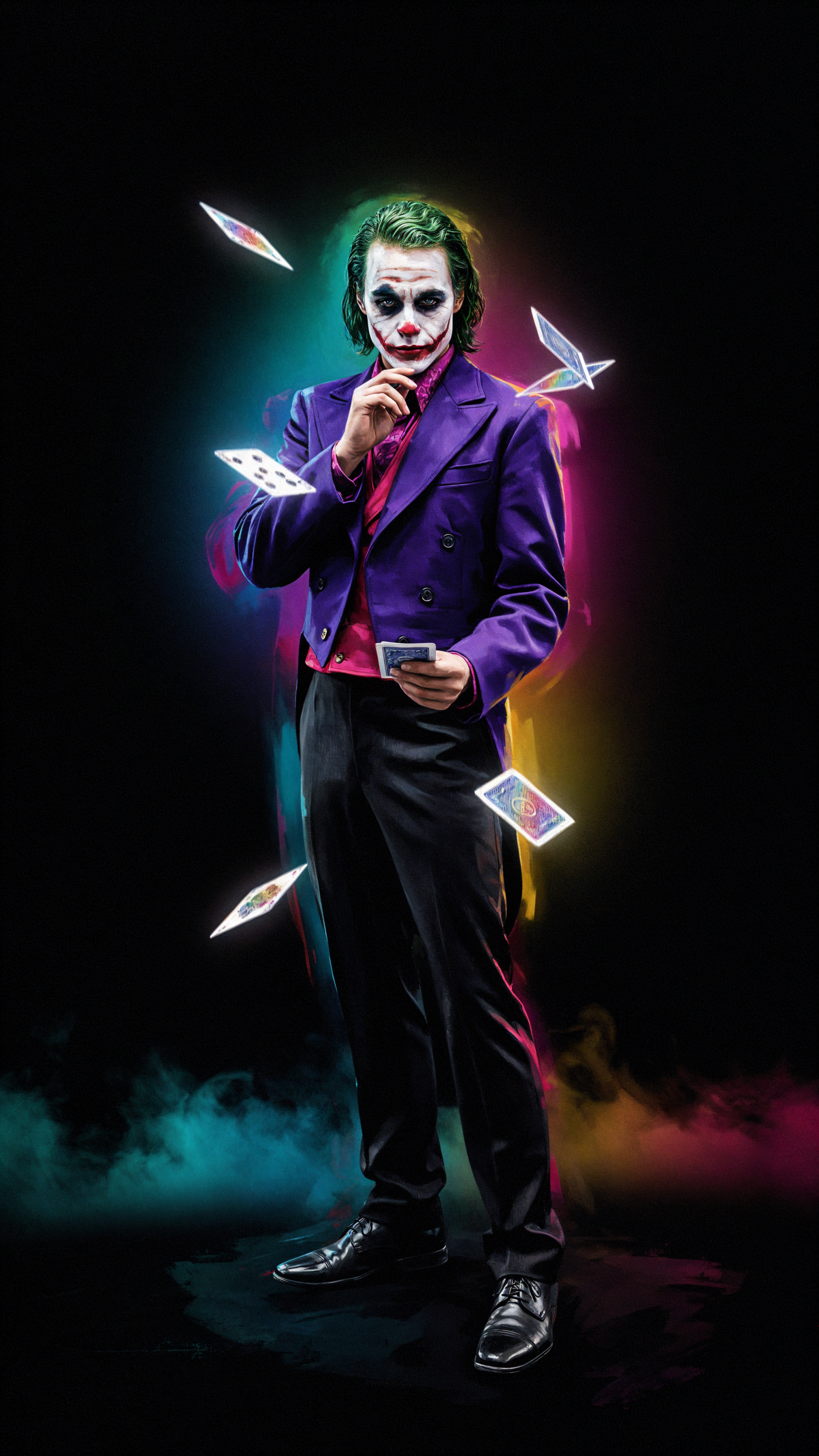 iPhone wallpaper: neon-lit Joker clown in a purple suit, holding playing cards as cards swirl around him against a dark, smoky background.