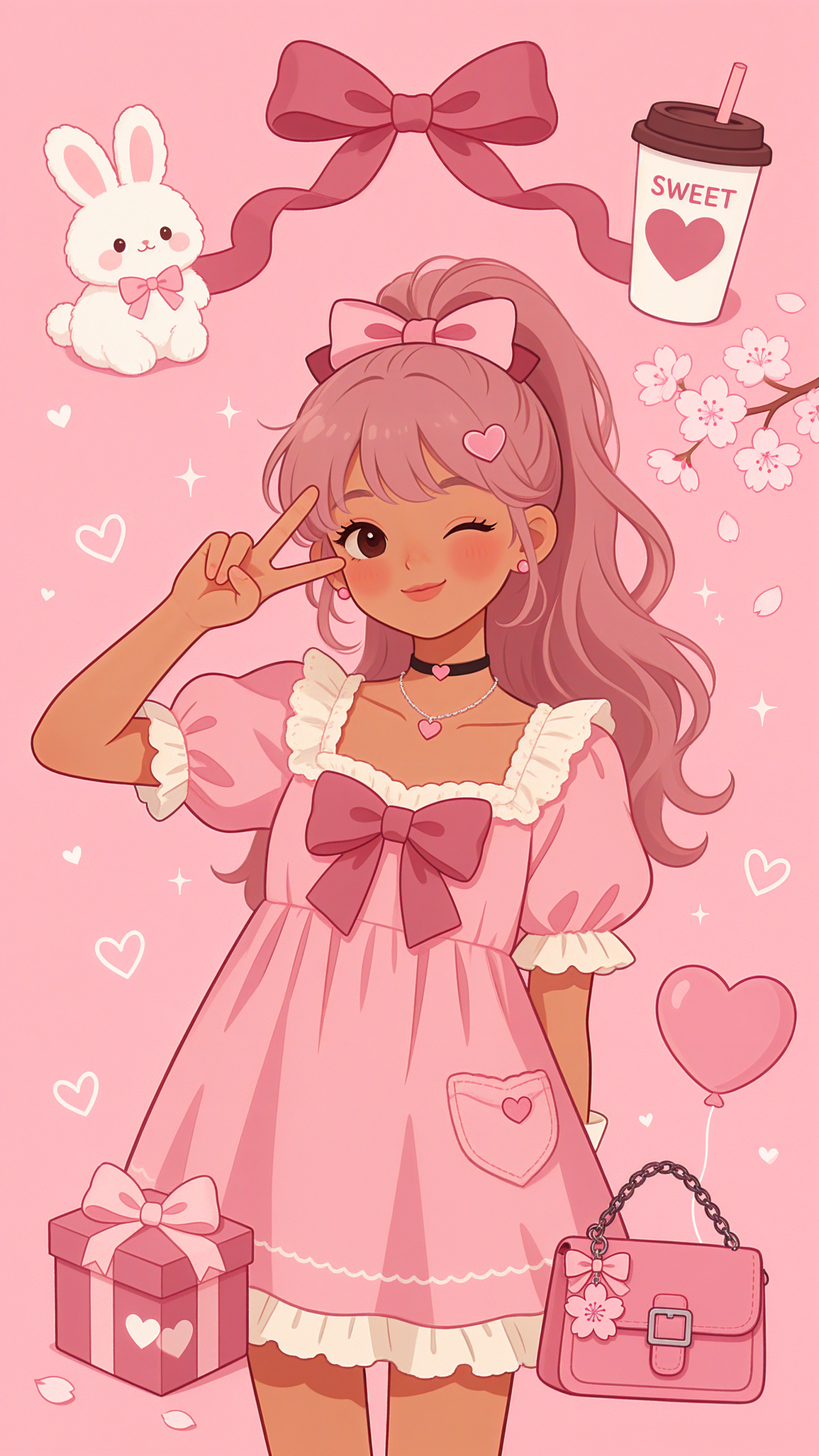 Girly kawaii anime girl iPhone wallpaper: winking girl in a pink bowed dress flashing a peace sign, surrounded by hearts, a bunny, sweet drink, gifts, cherry blossoms and a purse.