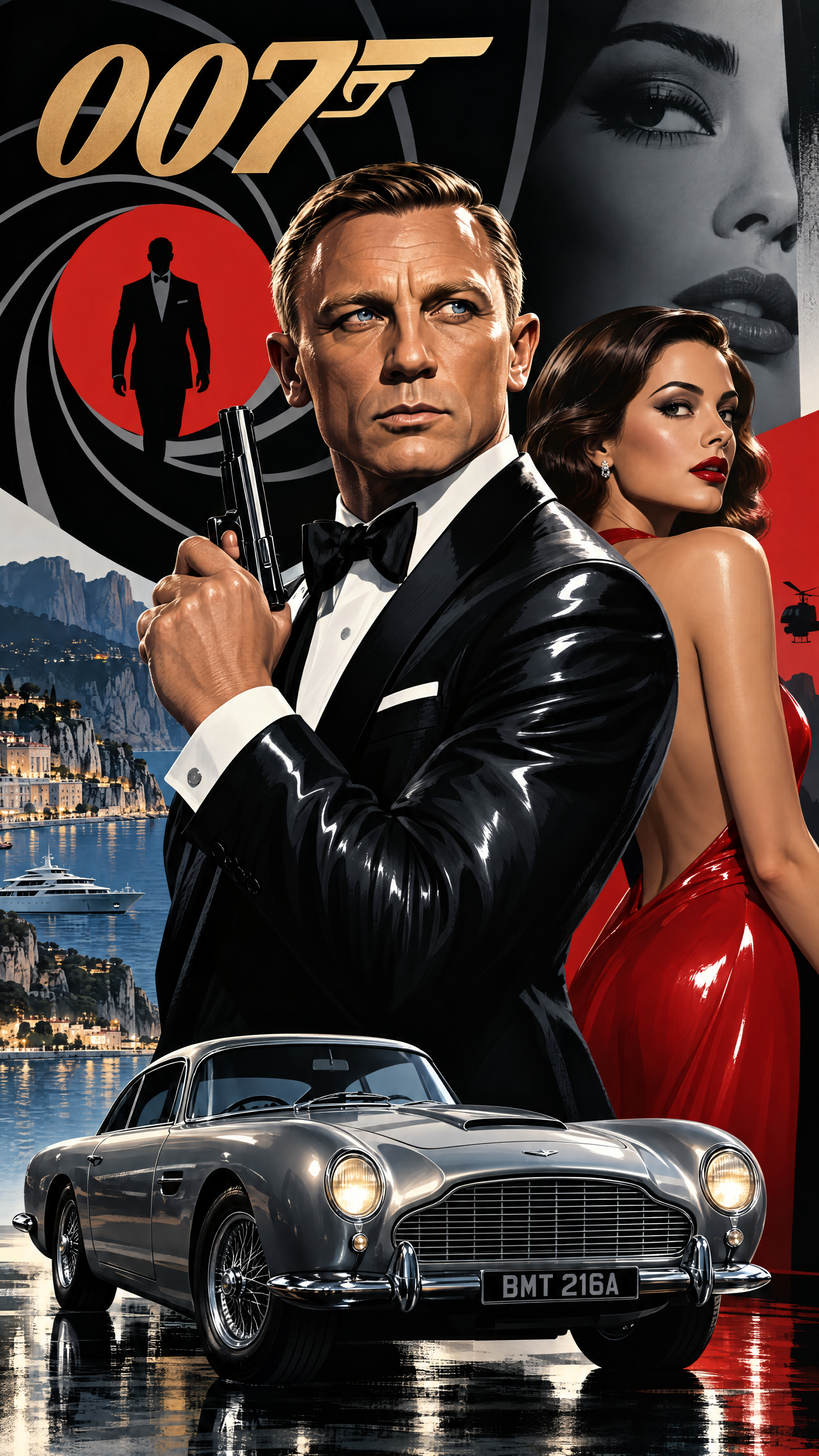 Phone wallpaper poster of James Bond in a tuxedo holding a pistol, glamorous woman in red behind him, Aston Martin in the foreground, coastal city backdrop and 007 gun logo.